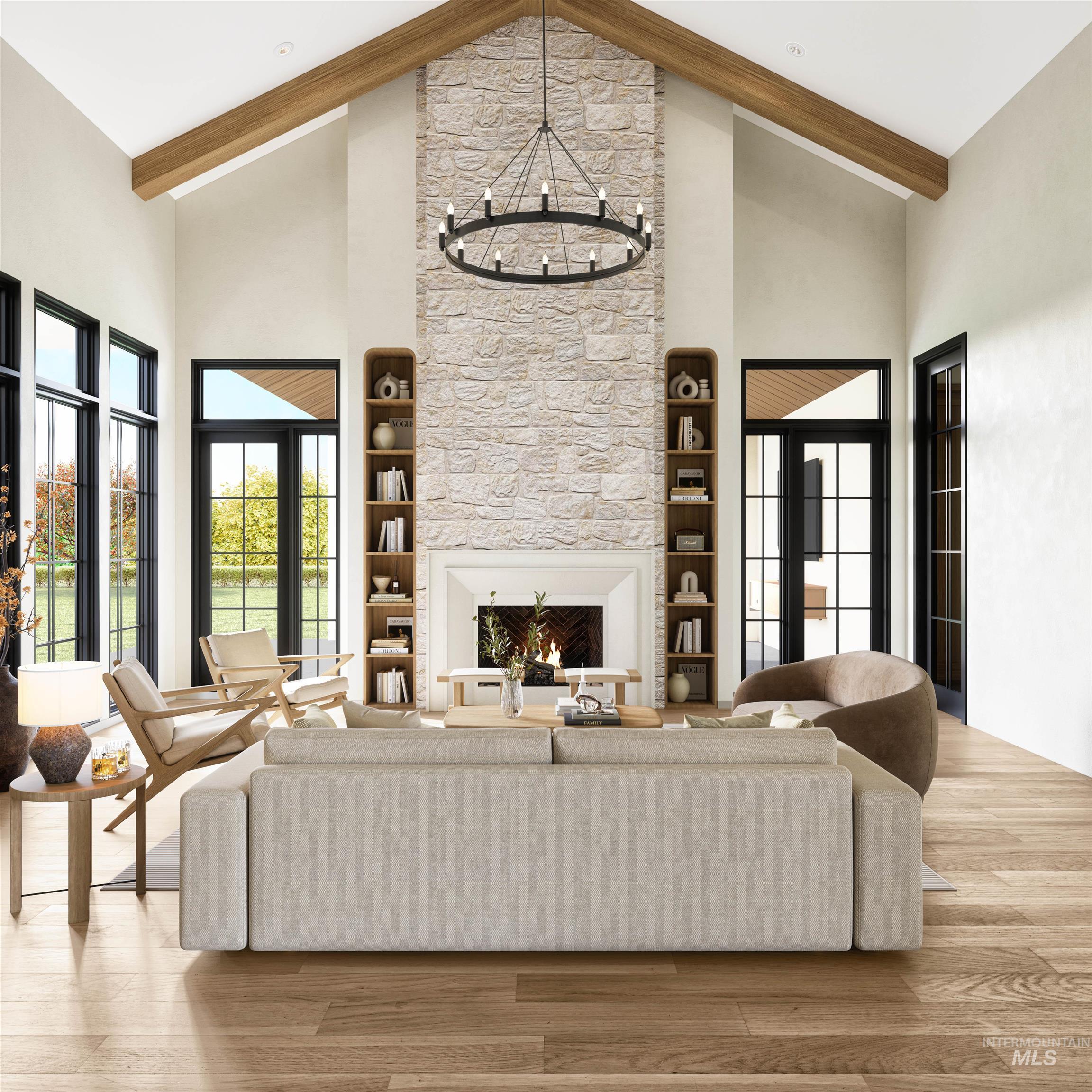 Living room featuring high vaulted ceiling, a fireplace, light wood-type flooring, a chandelier, and beam ceiling