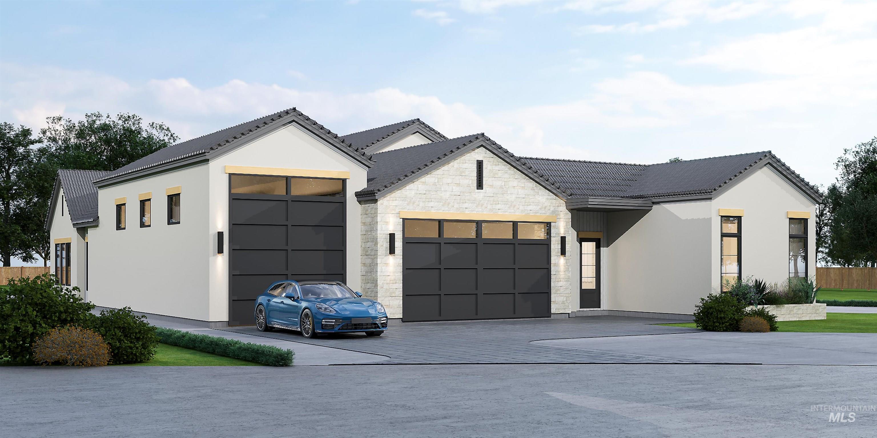 View of front facade featuring stone siding, a garage, driveway, and stucco siding