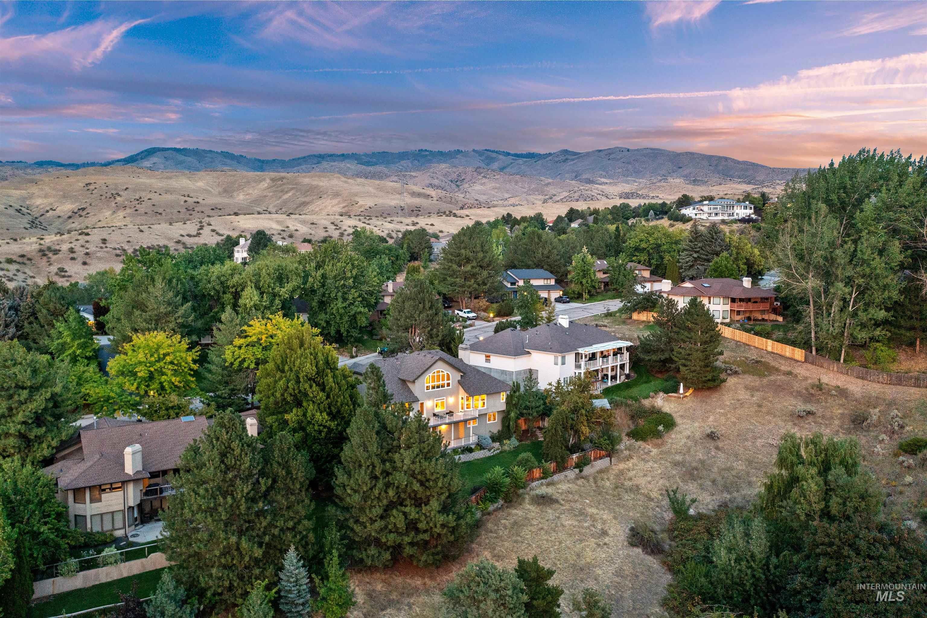 Aerial view at dusk of a mountain view