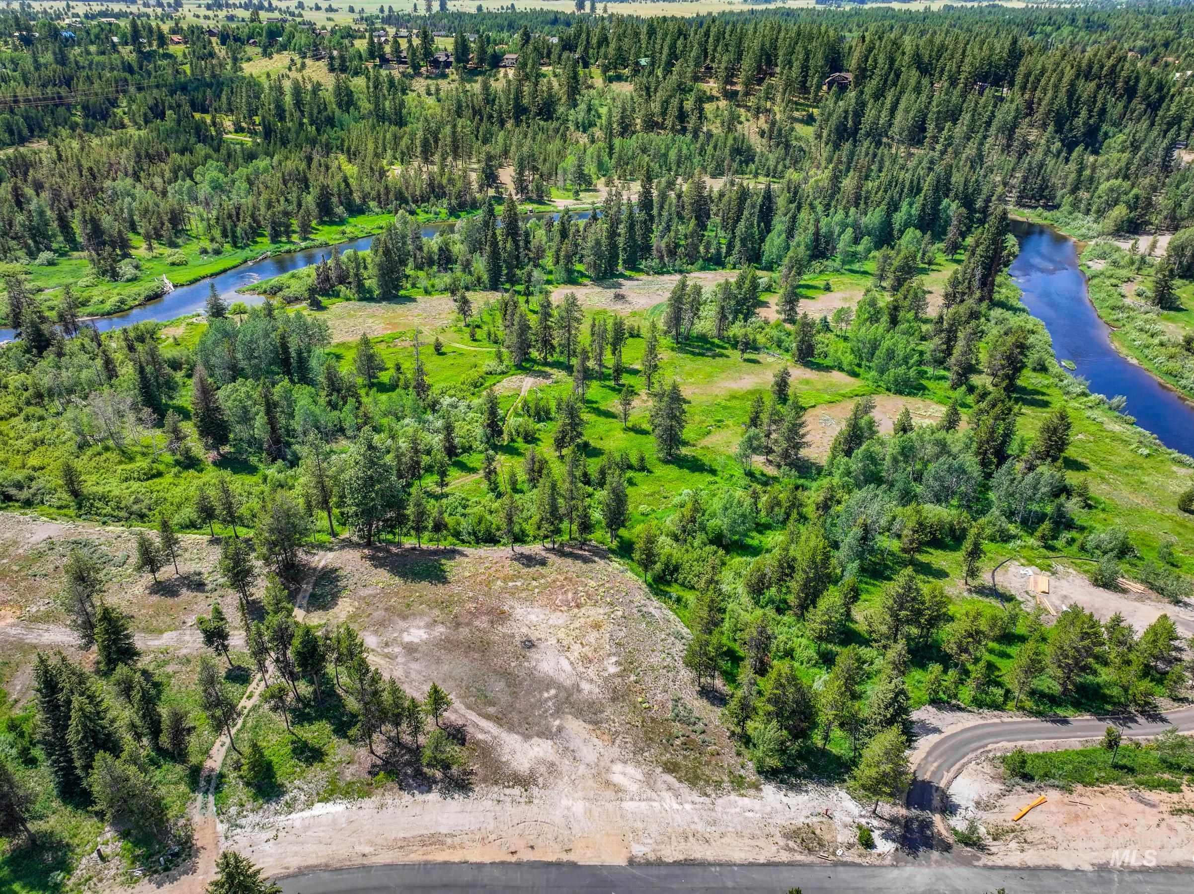 Drone / aerial view of a nearby body of water and a forest