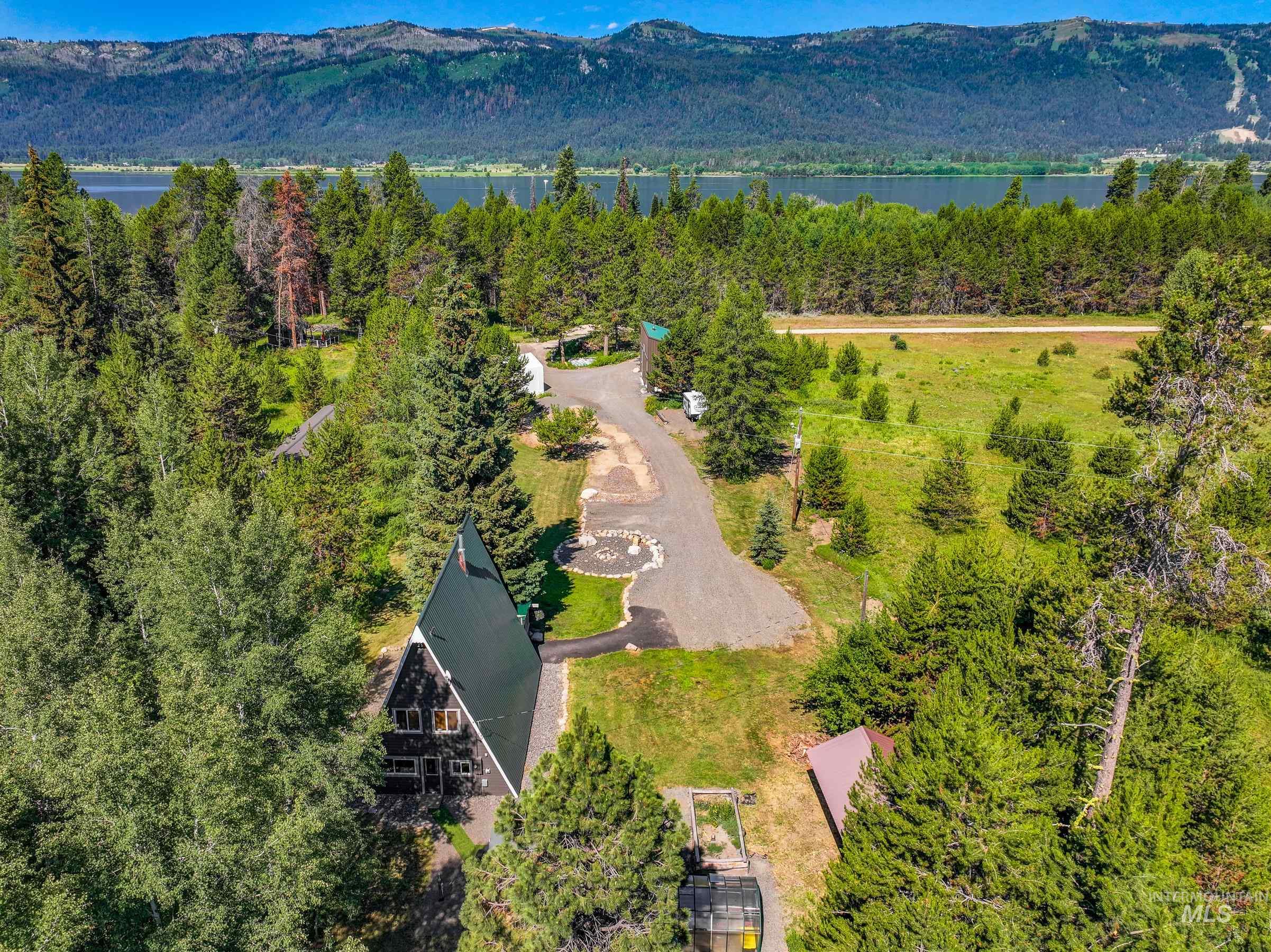 Aerial view of a water and mountain view.