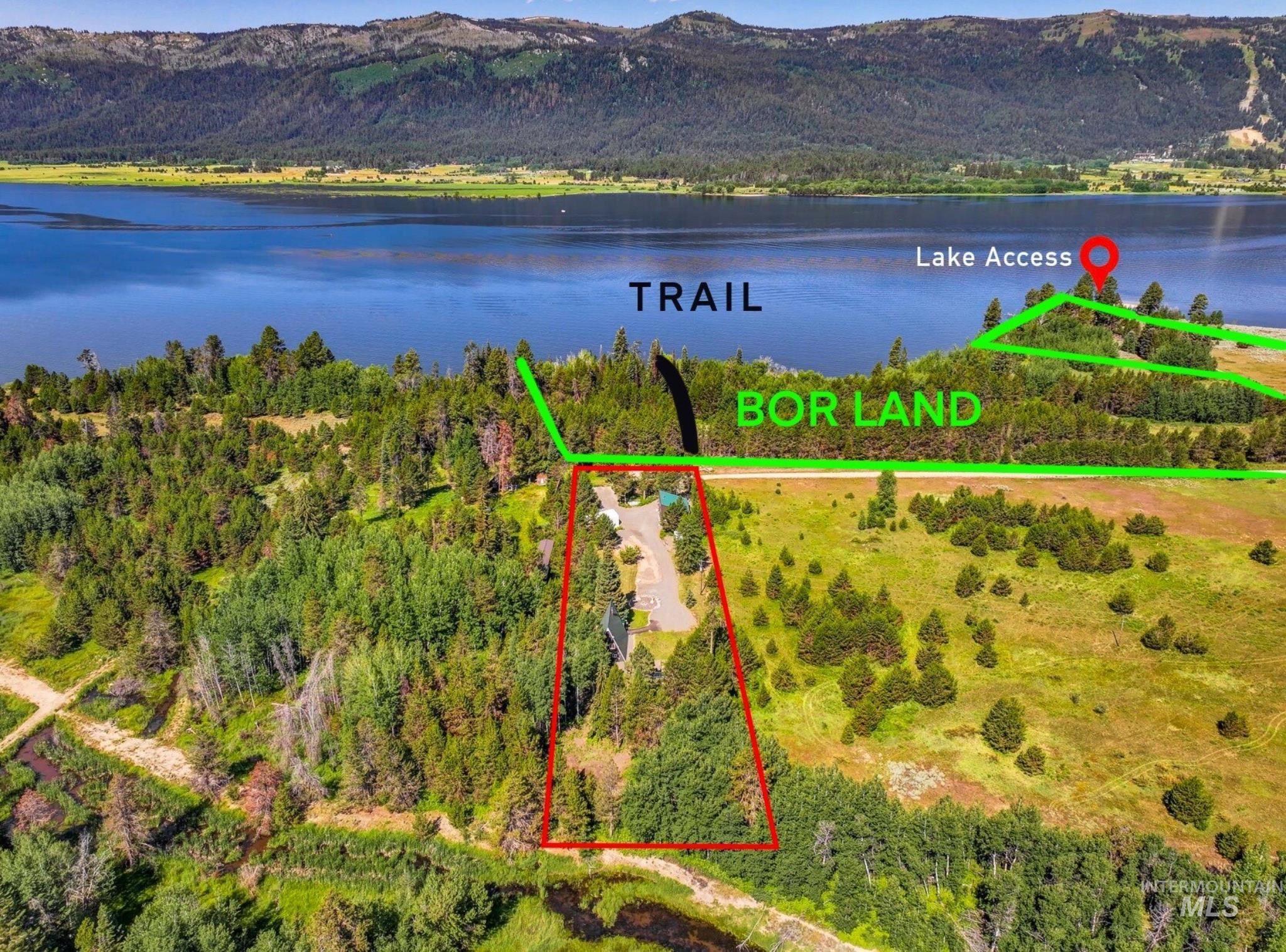 View of property location showing the trail to lake access and BOR land outlined.