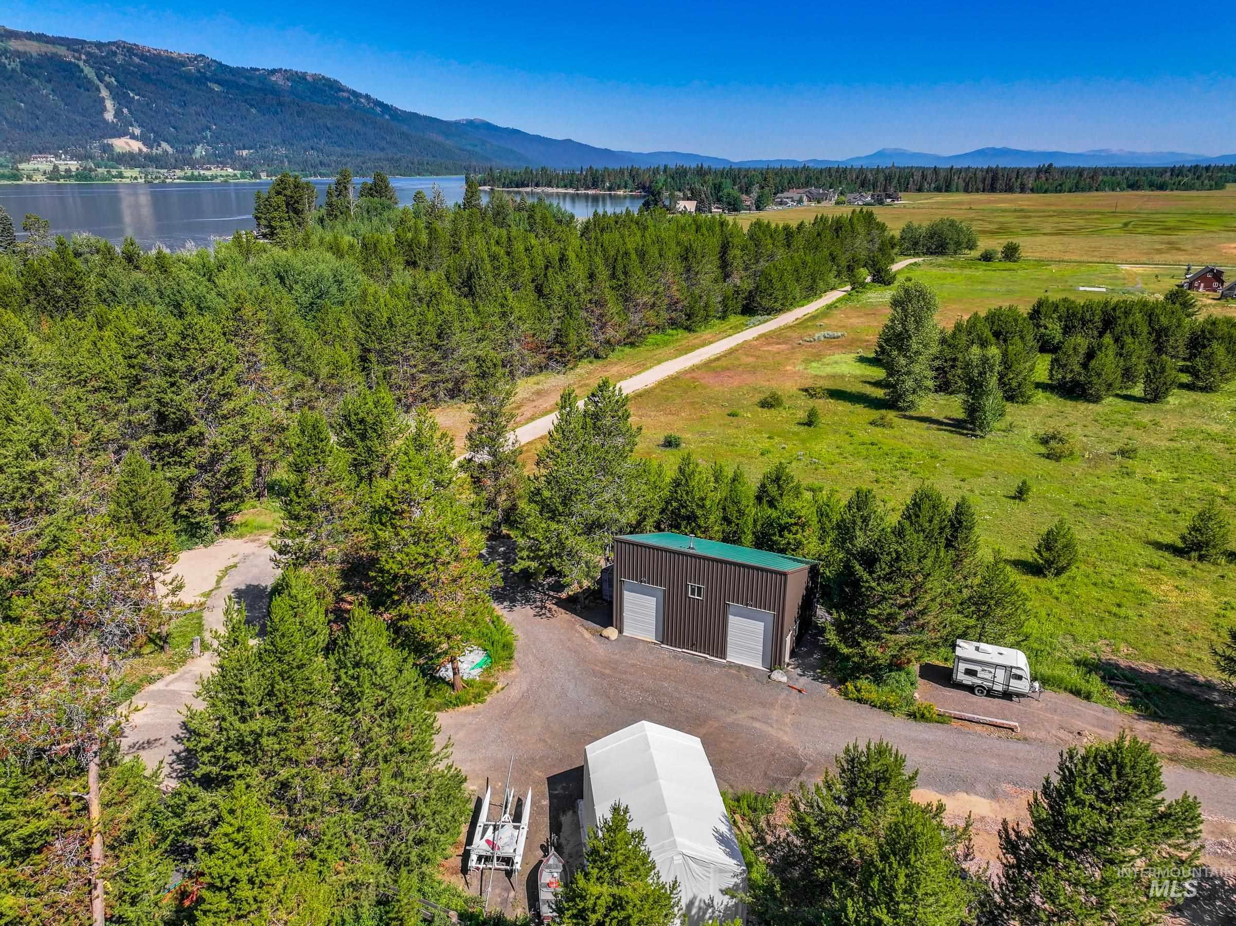 Aerial view of a water and mountain view