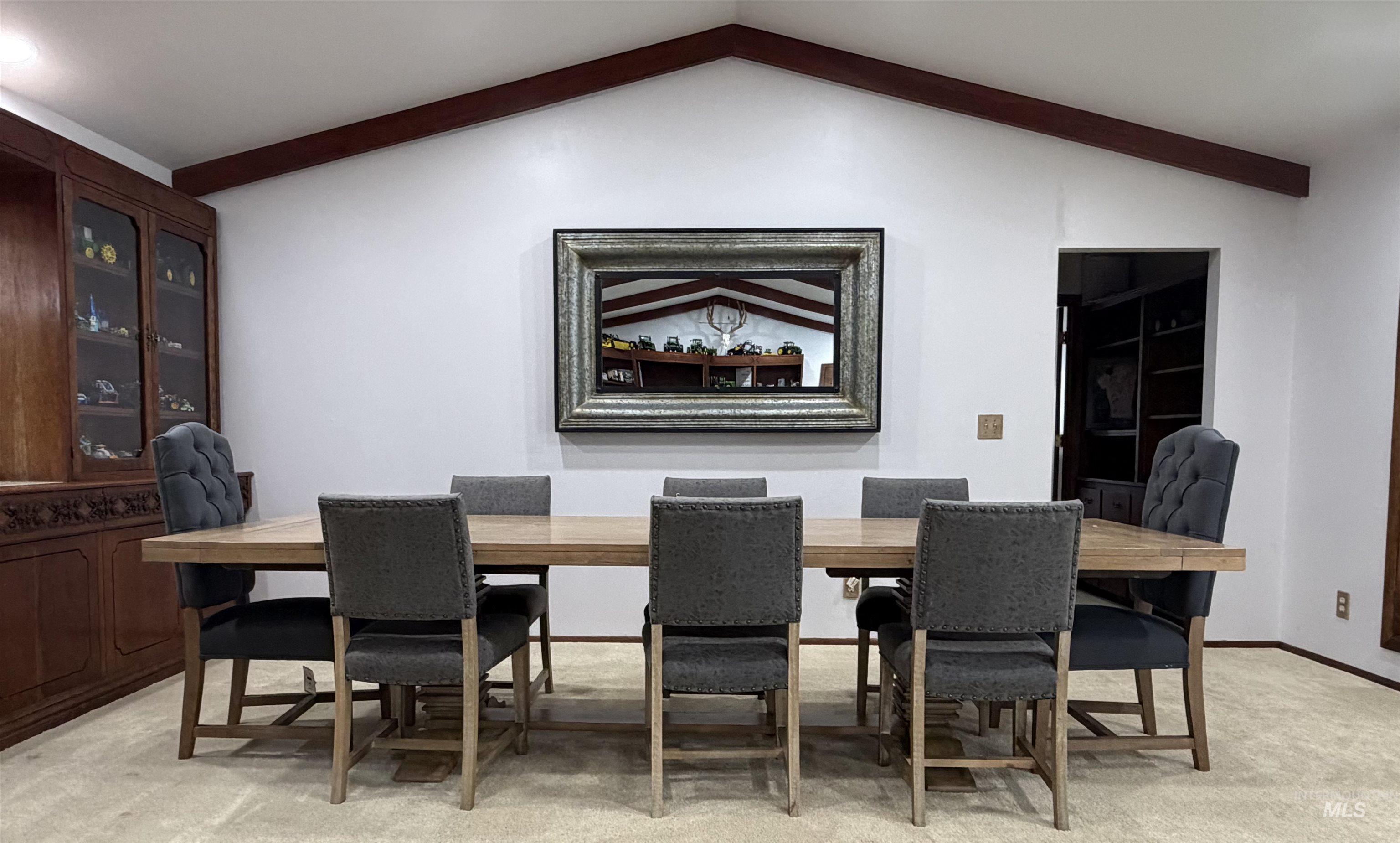 Vaulted ceiling with exposed wood beams