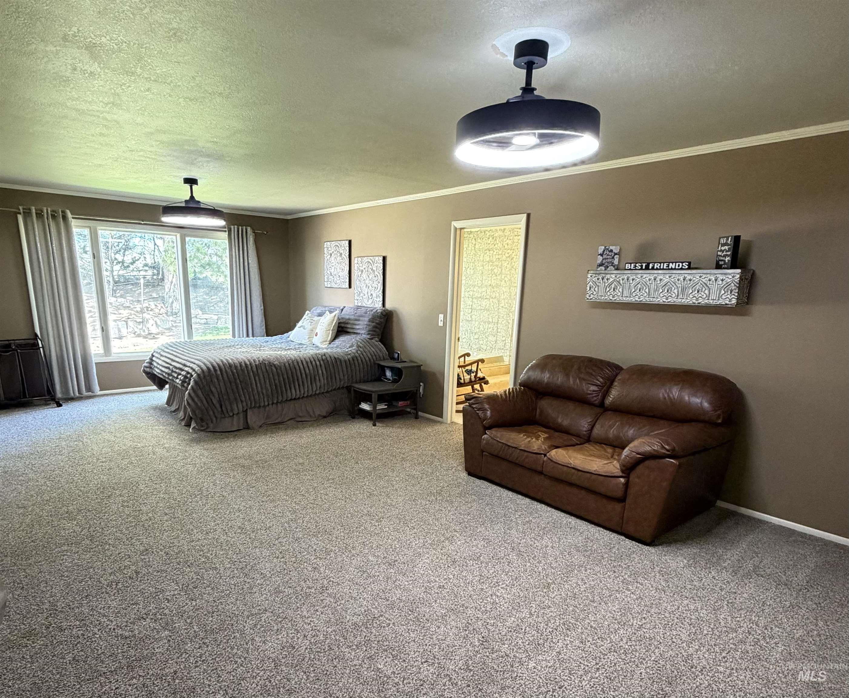 Spacious room featuring light-toned carpeting, two contemporary ceiling fan light fixtures, and a large window providing ample natural light