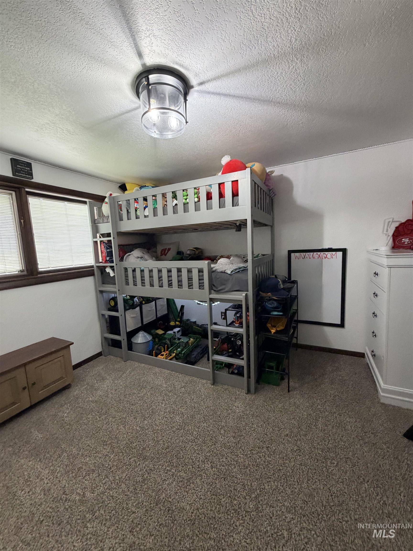 Neutral-toned carpeting extends throughout the space, complemented by a semi-flush mount ceiling light fixture