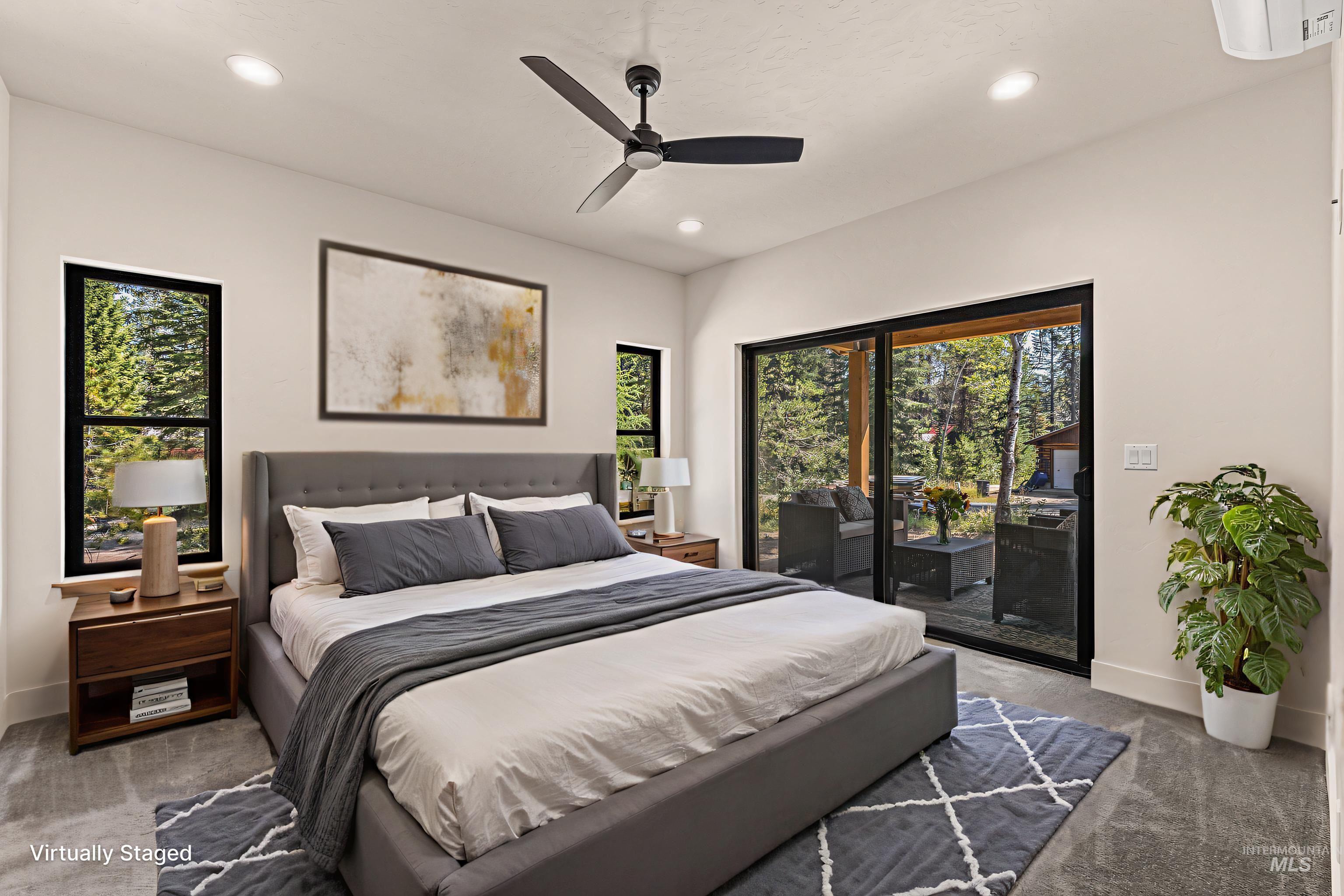 Bedroom with access to exterior, carpet, a ceiling fan, and recessed lighting