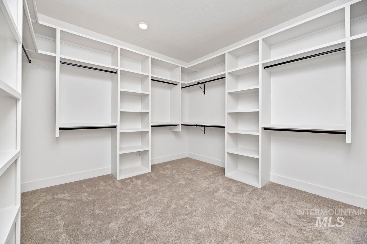 Walk in closet featuring light carpet