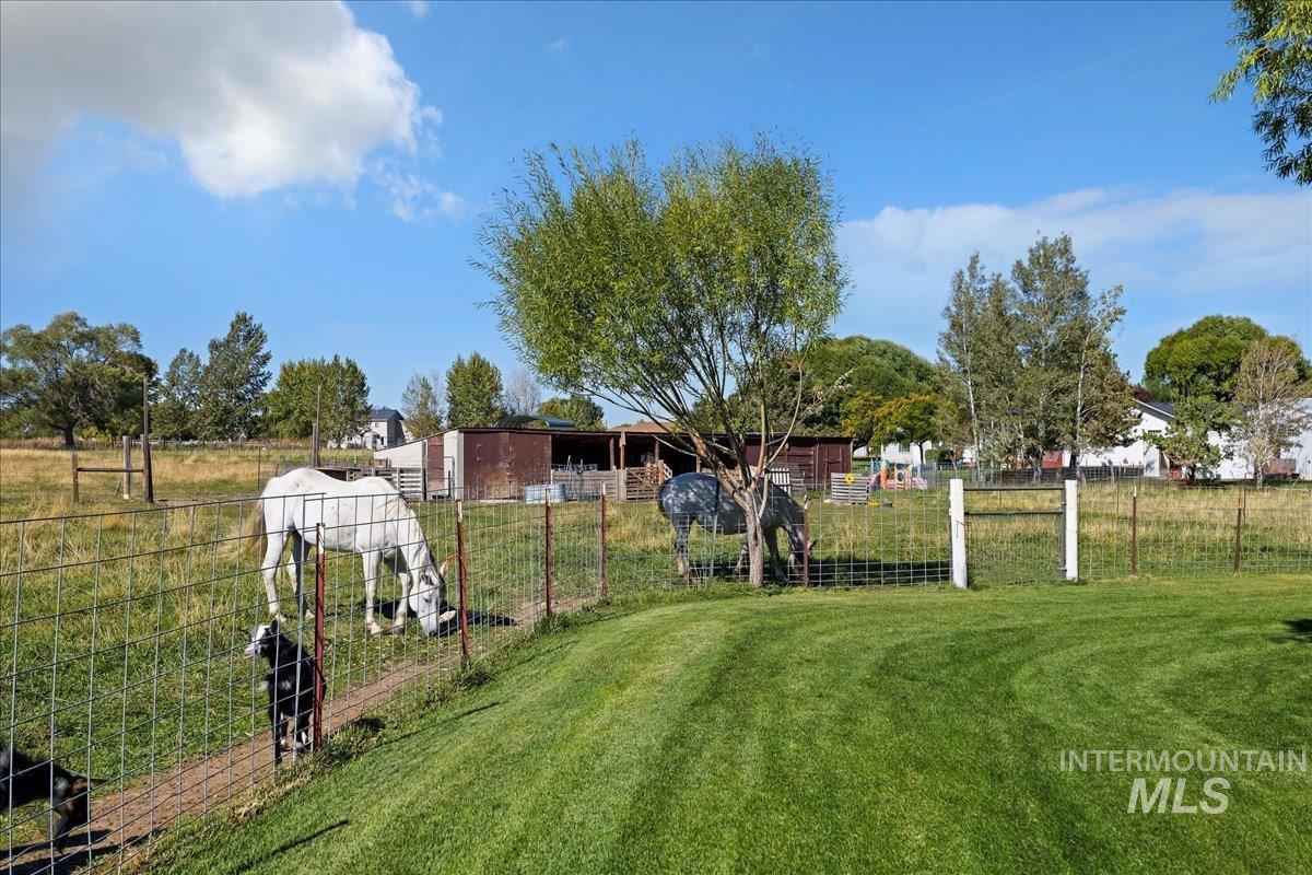 View of yard featuring a view of rural / pastoral area and an outbuilding