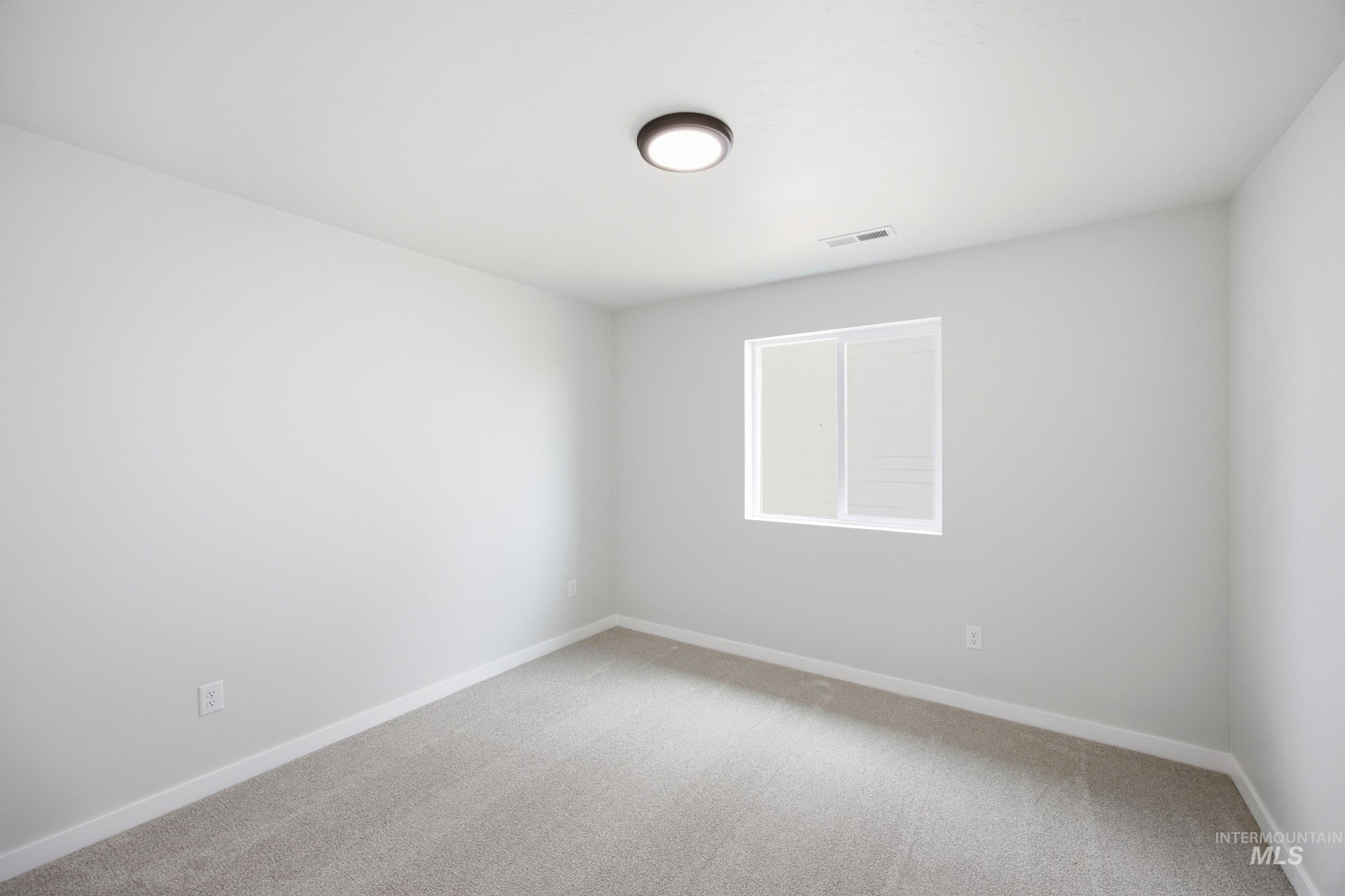 Room featuring a double-pane window, flush-mount ceiling light fixture, light gray carpeting, white baseboards, and neutral wall paint