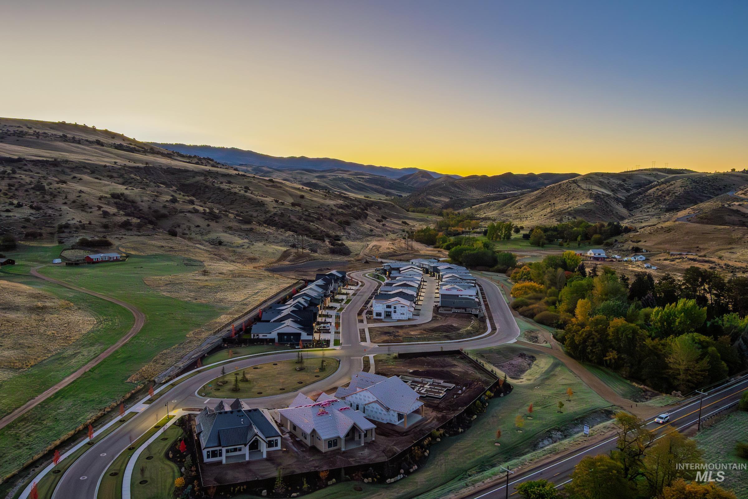Aerial view at dusk of a mountain view