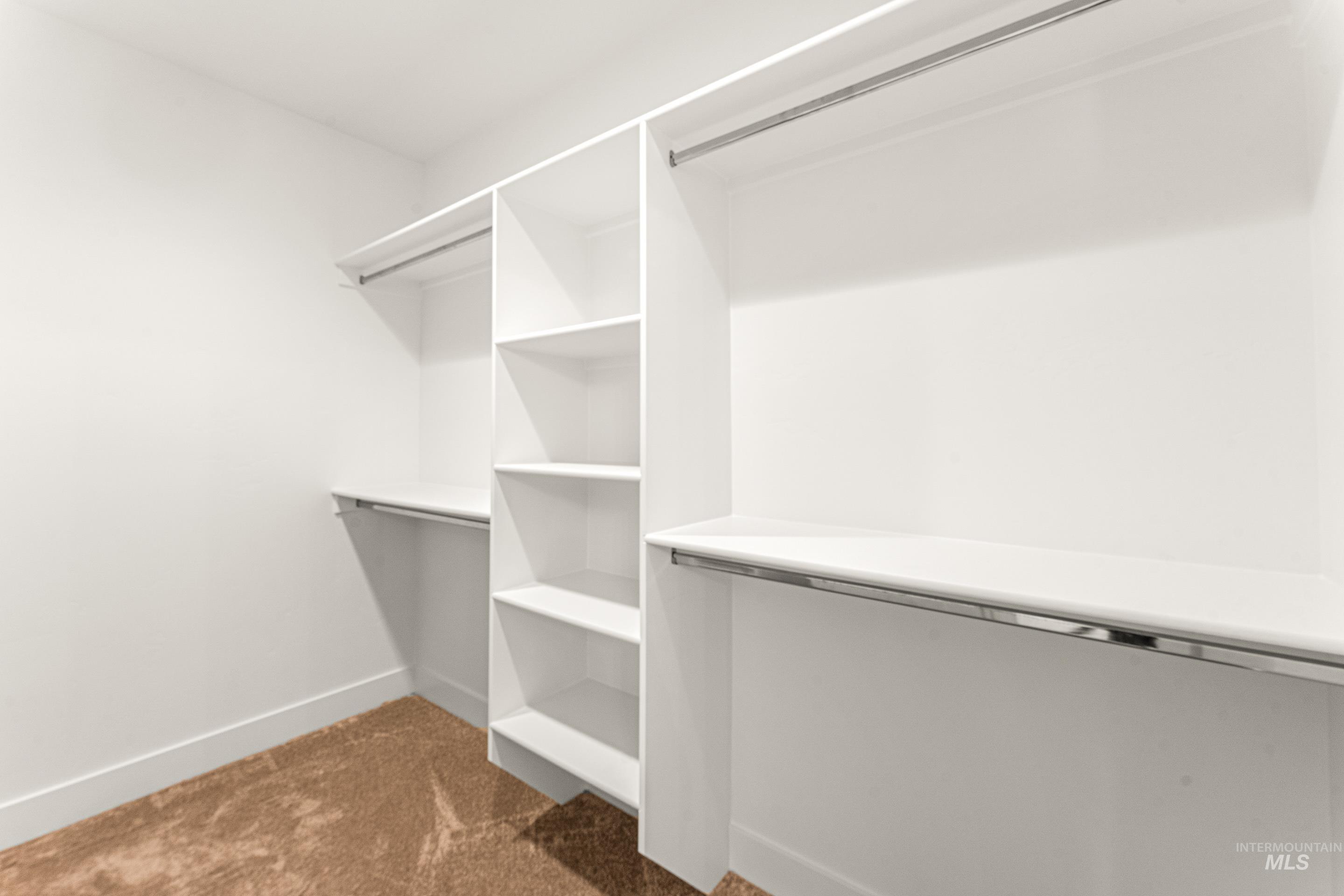 Spacious closet featuring dark carpet