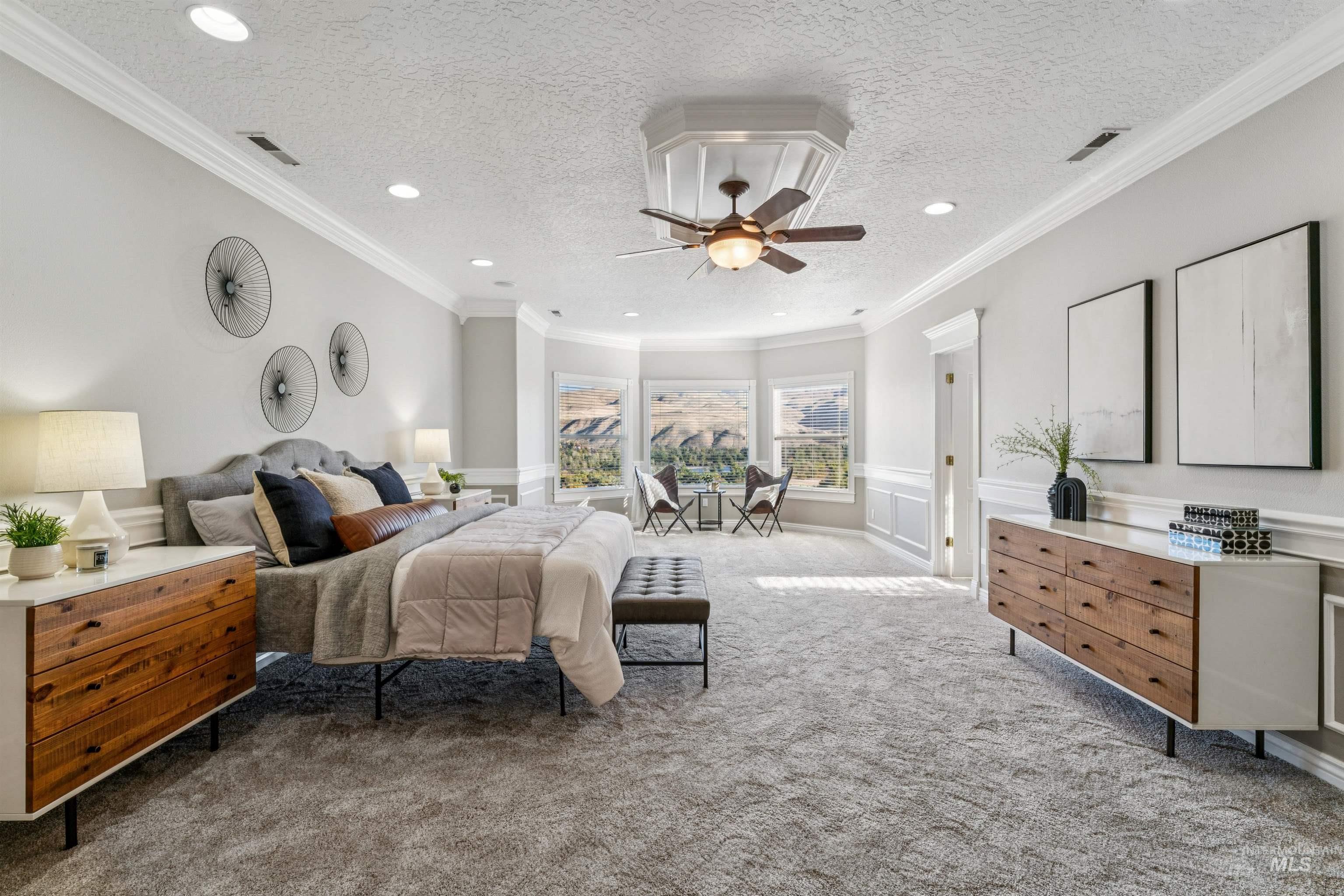 Bedroom featuring a textured ceiling, carpet floors, crown molding, a ceiling fan, and recessed lighting