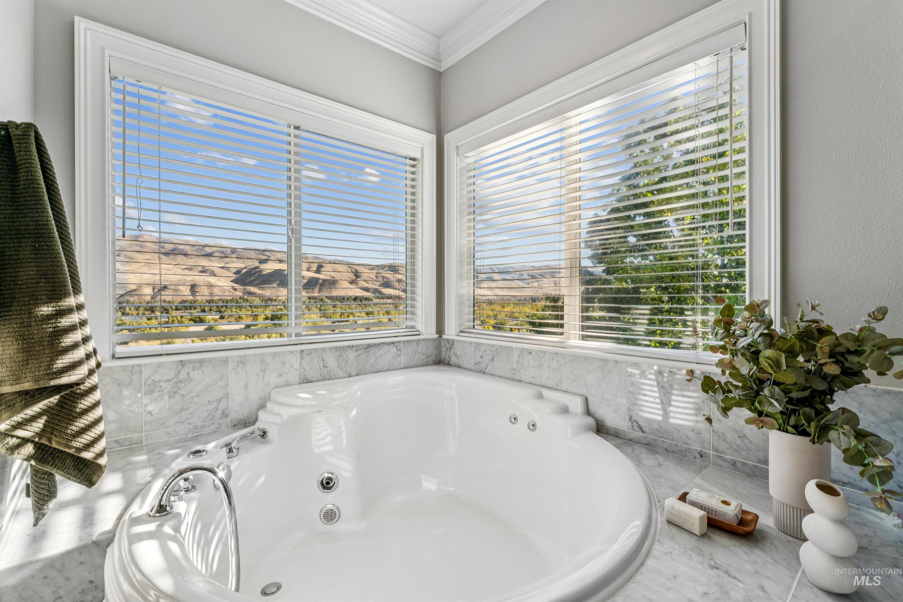 Full bathroom with a whirlpool tub and ornamental molding