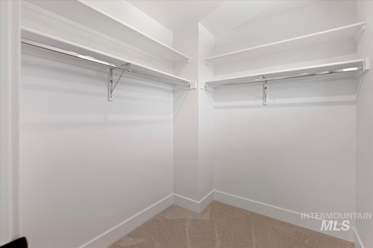 Walk in closet with light colored carpet