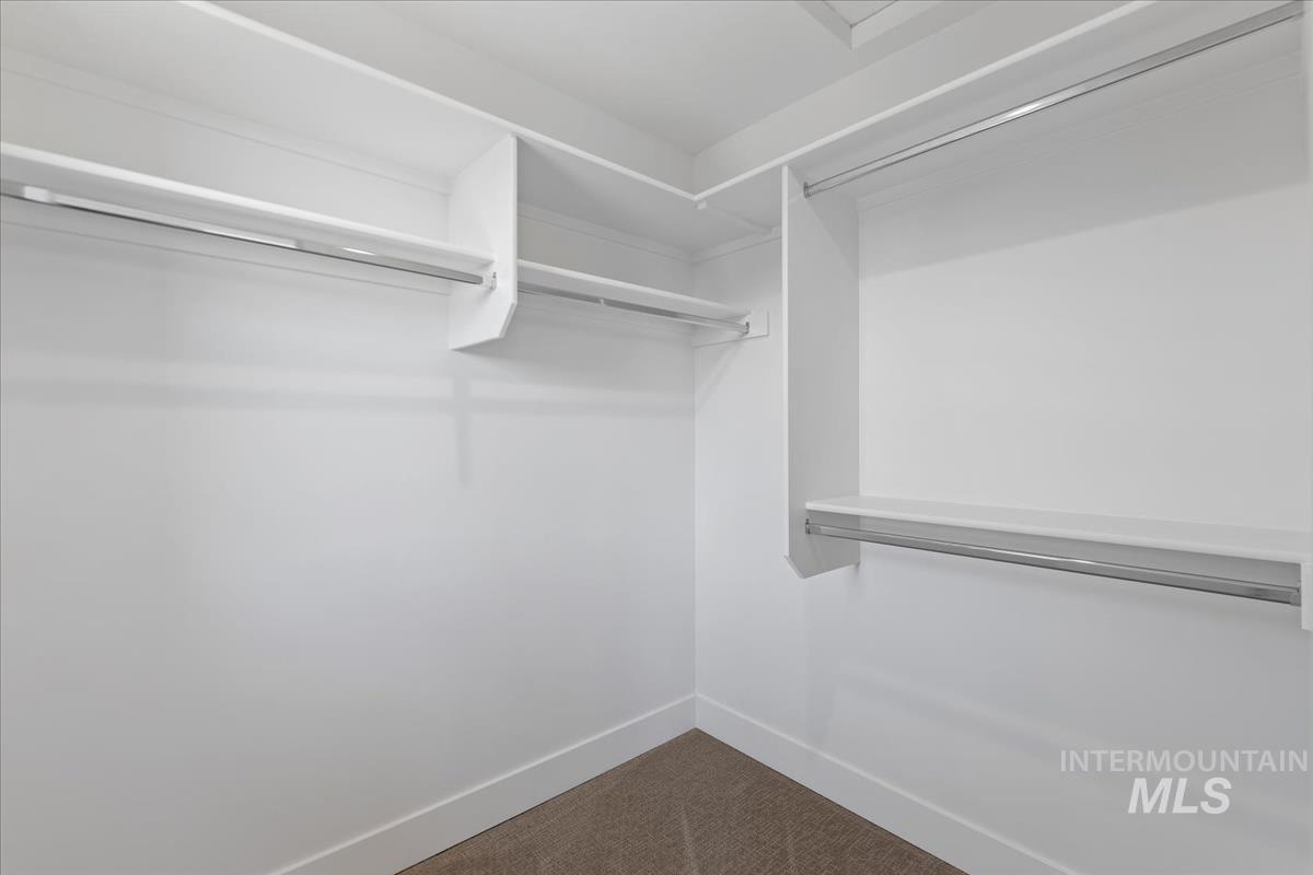 Spacious closet with dark colored carpet