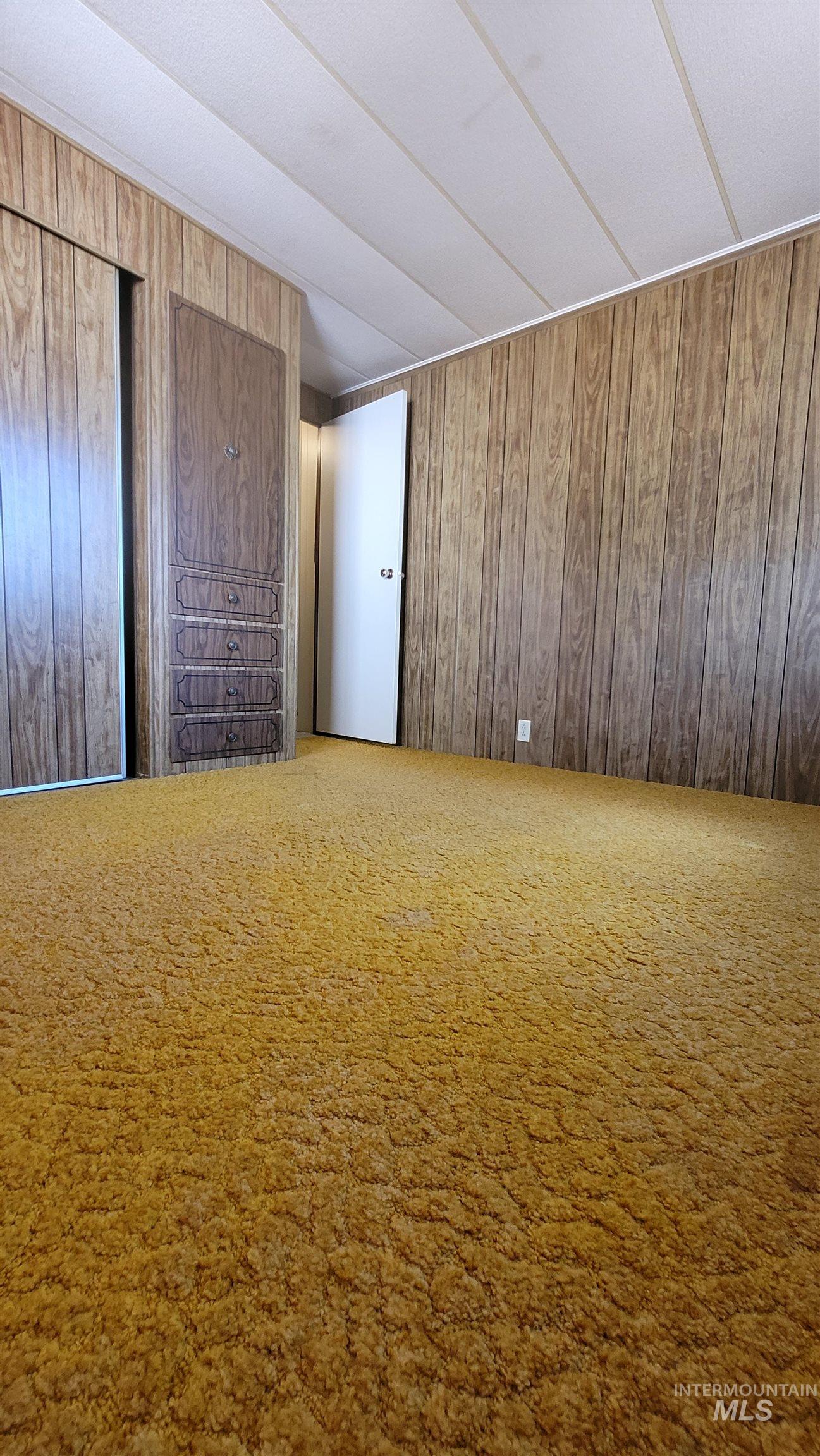 Unfurnished bedroom with carpet flooring and wooden walls