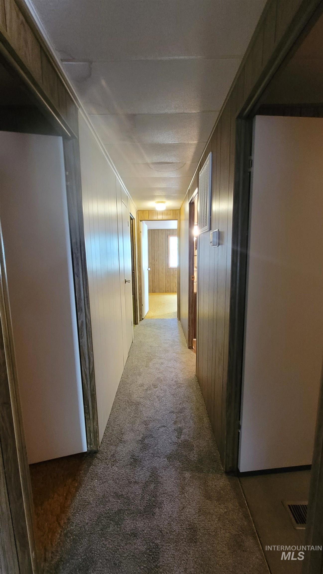 Hallway with light colored carpet and wooden walls