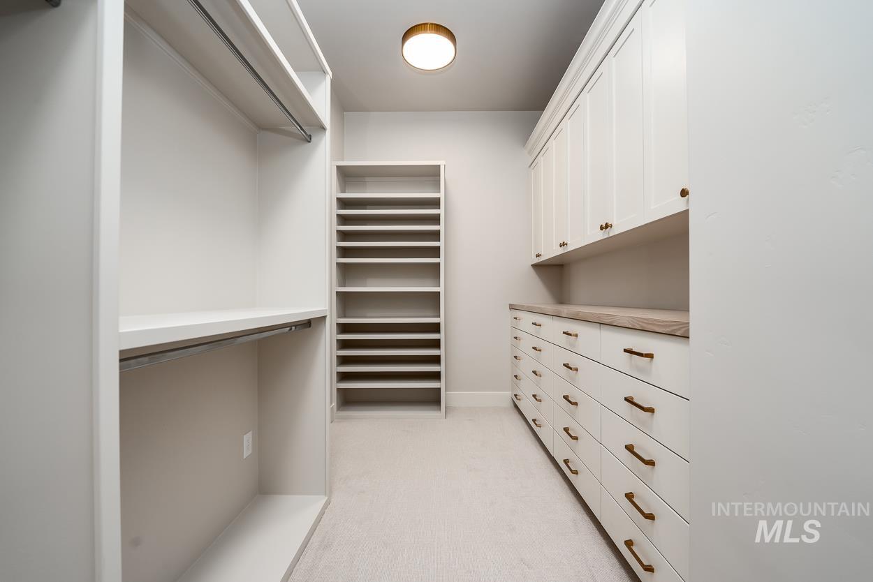 Spacious closet with light carpet