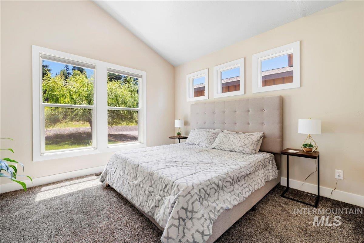 Bedroom featuring carpet flooring, multiple windows, and lofted ceiling