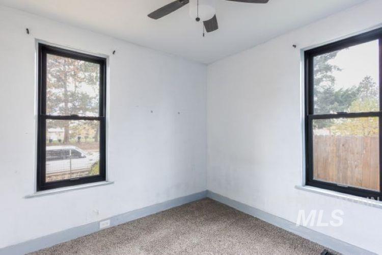 Empty room with carpet floors, healthy amount of natural light, and a ceiling fan