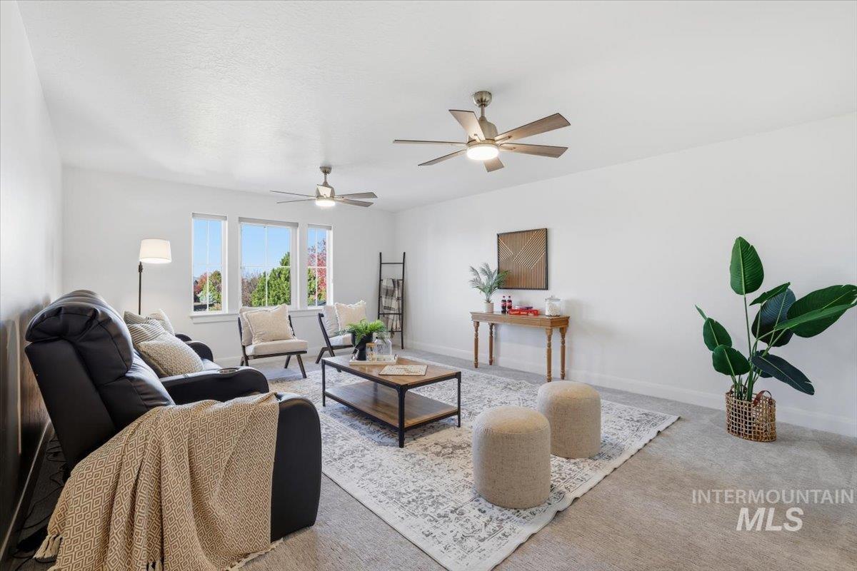 Living area featuring a ceiling fan, carpet, and a textured ceiling