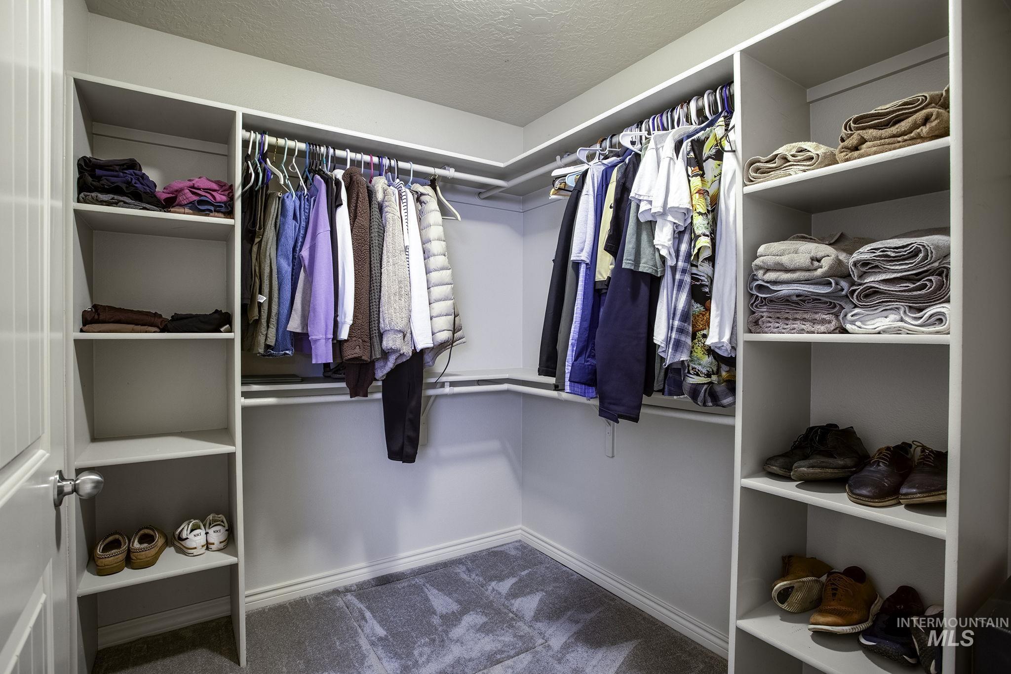 Walk in closet with dark carpet