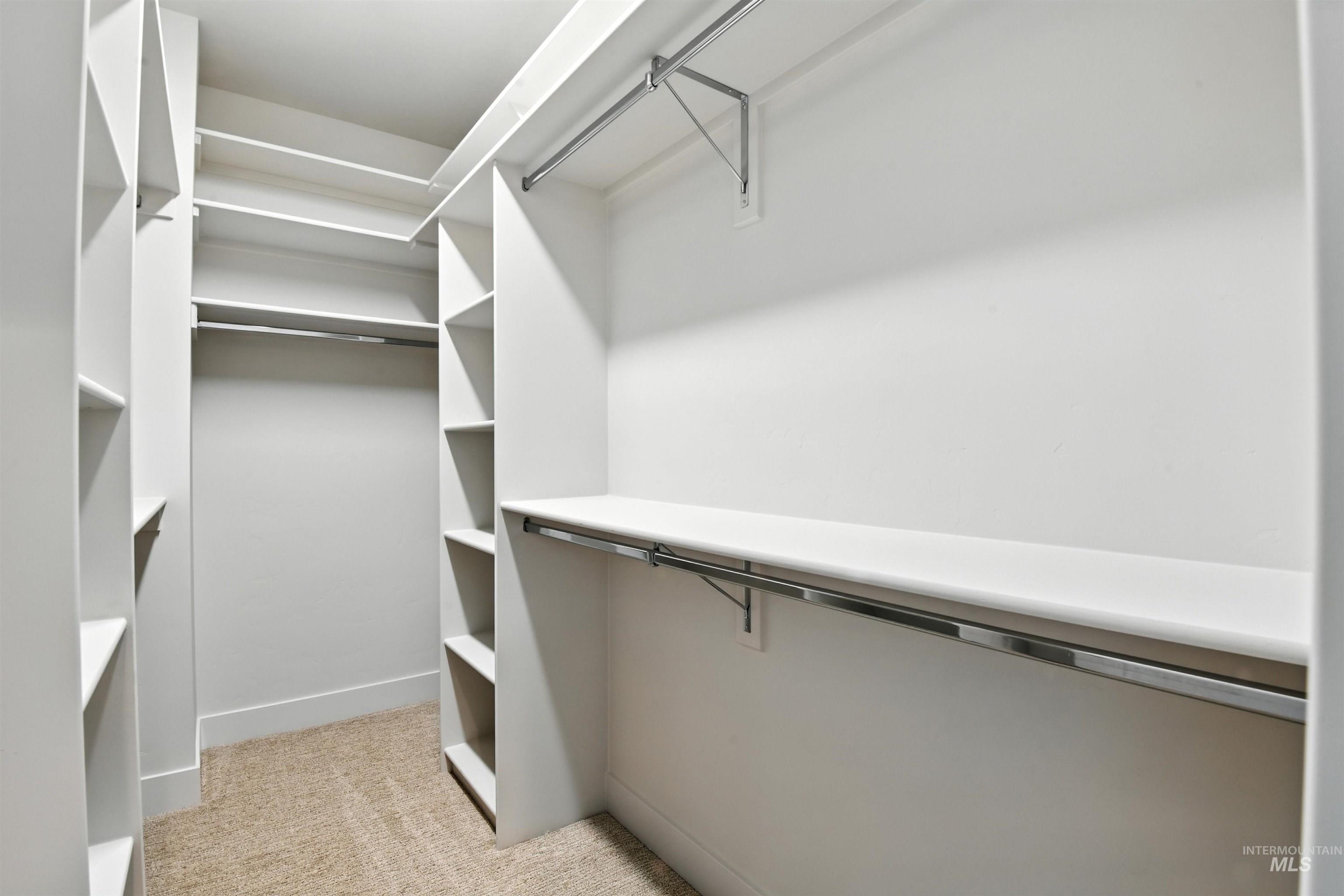 Walk in closet featuring light carpet