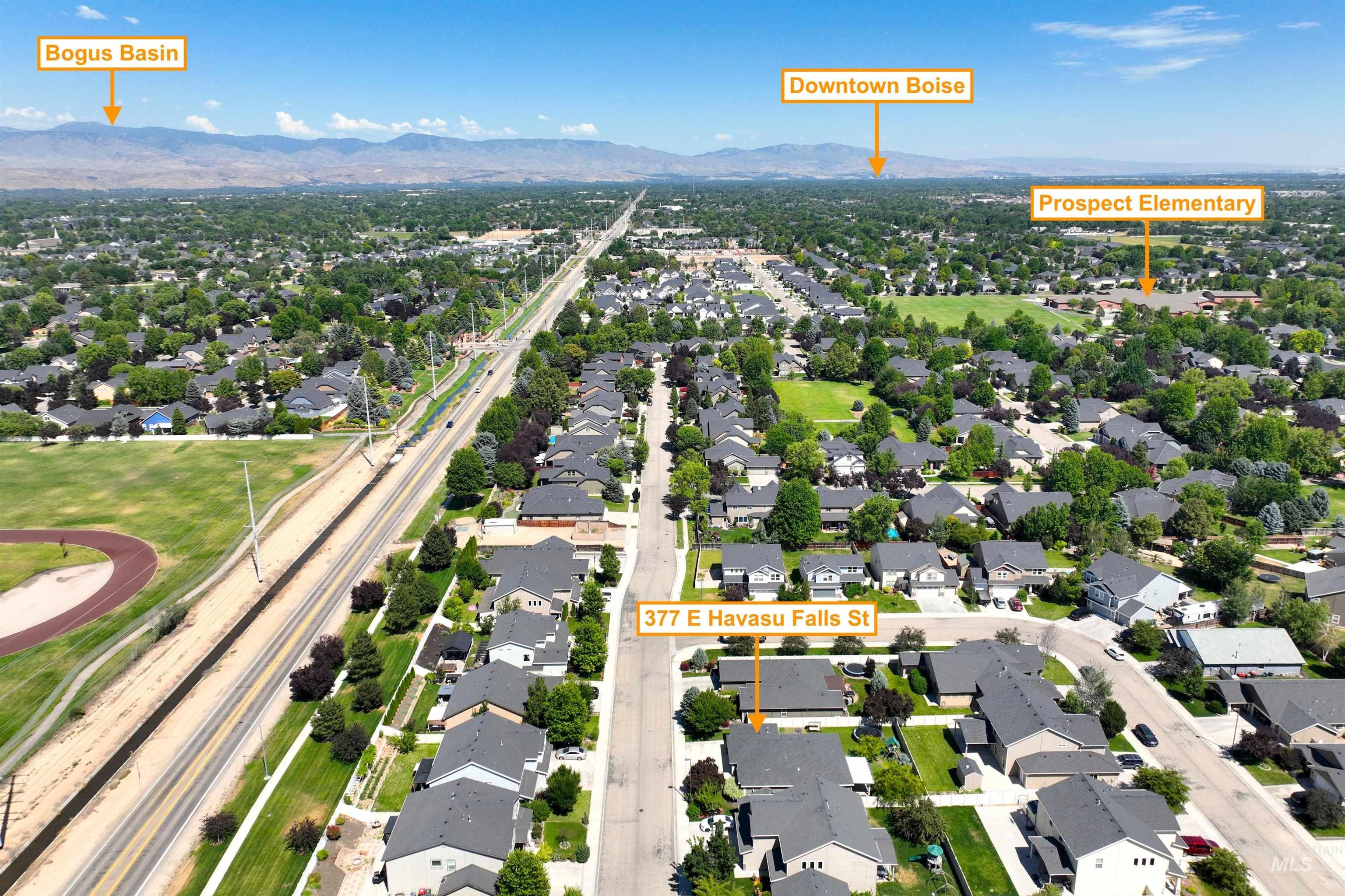 Aerial perspective of suburban area with a mountain backdrop