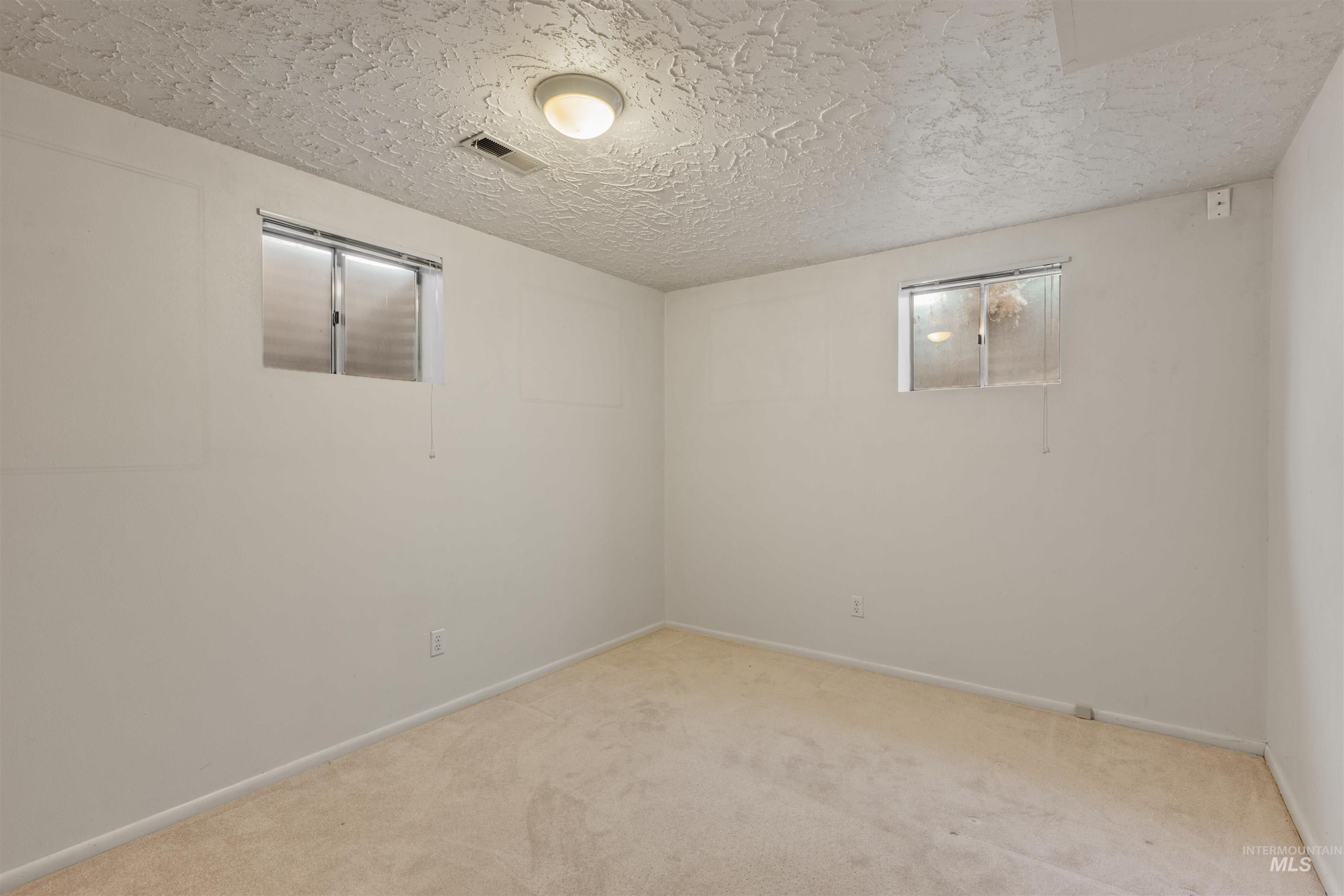 Basement with carpet floors and a textured ceiling