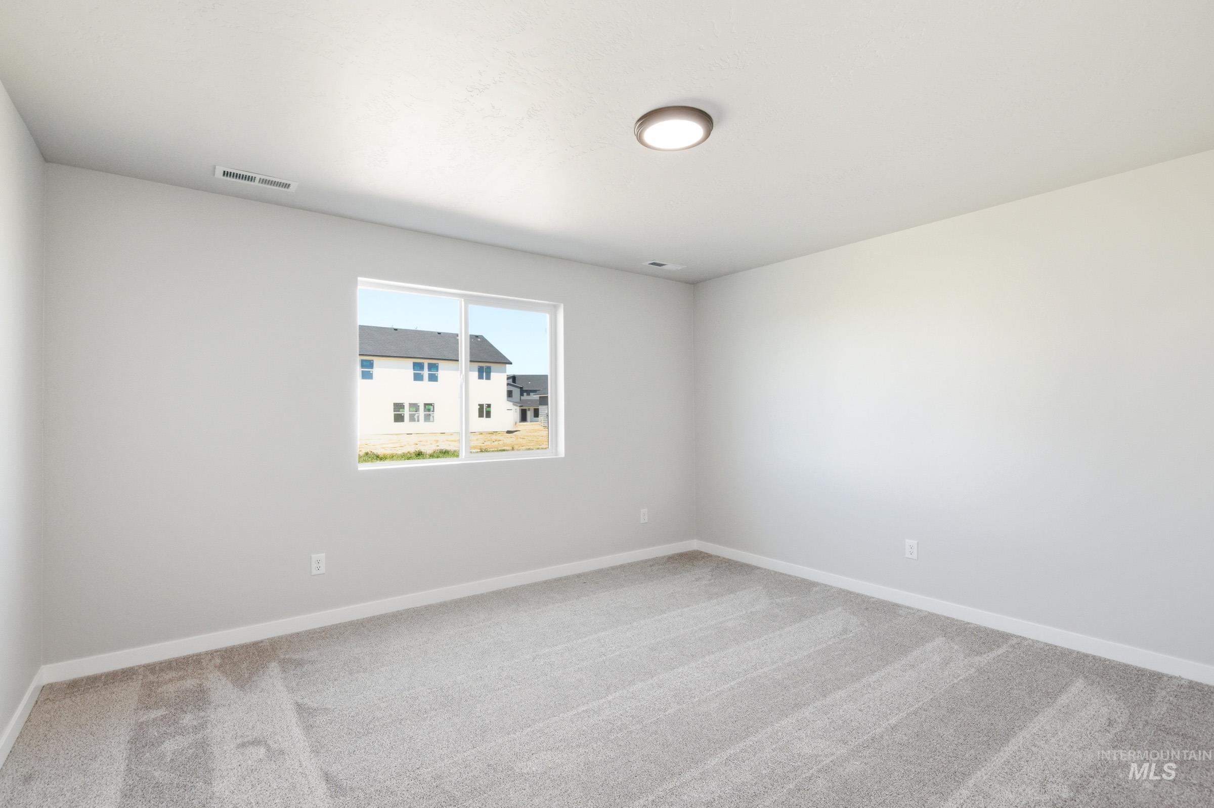 Bright room featuring a large window, neutral carpeting, and a flush-mount ceiling light