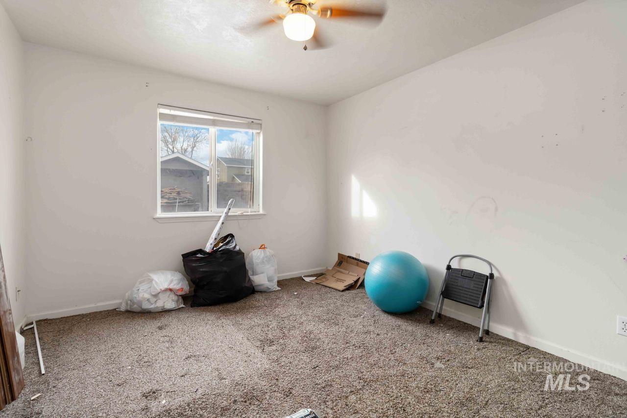 Workout area featuring carpet floors and ceiling fan