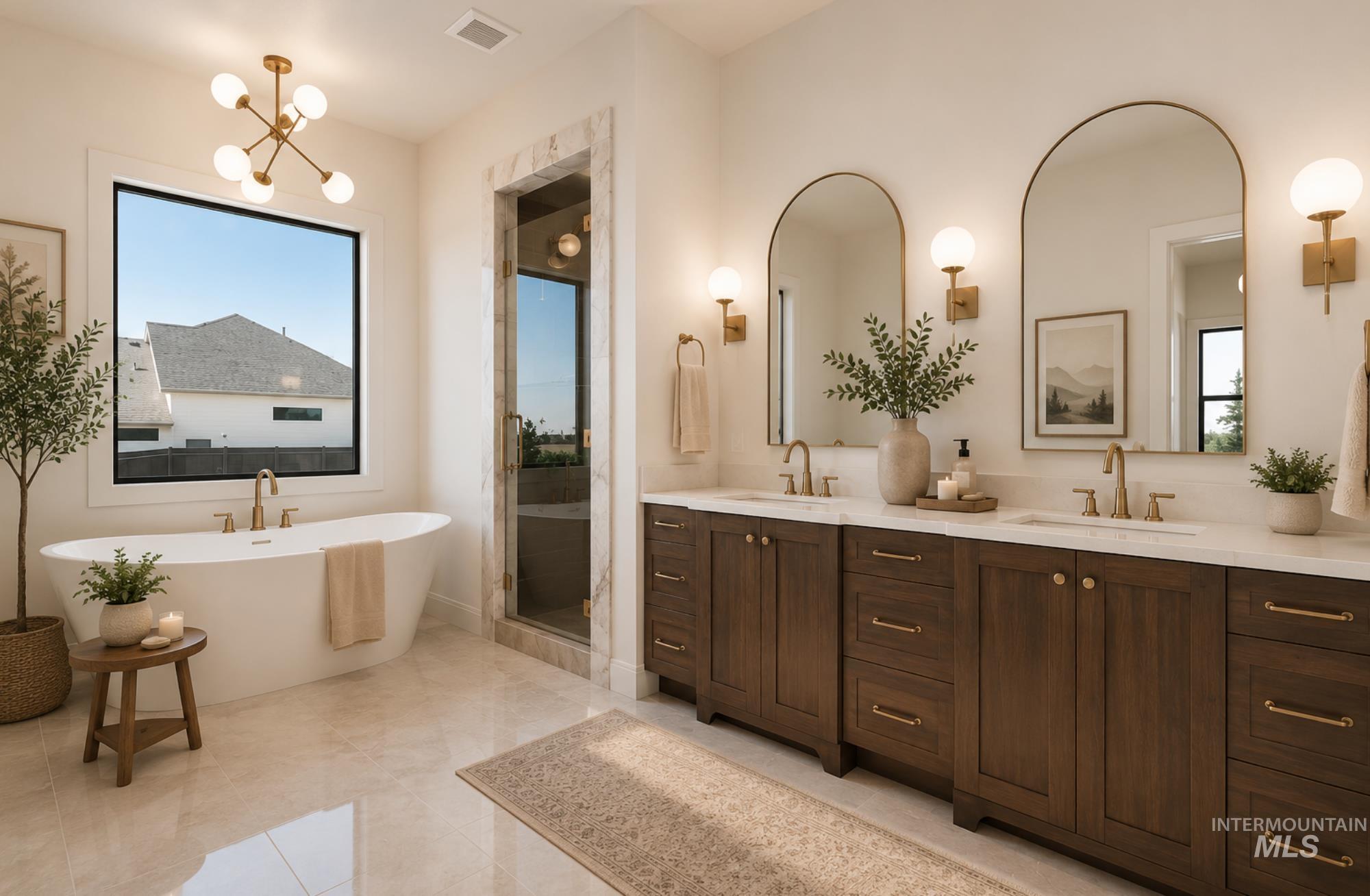 Spacious bathroom featuring a freestanding soaking tub, large window, and a separate glass-enclosed shower with a marble-clad frame
