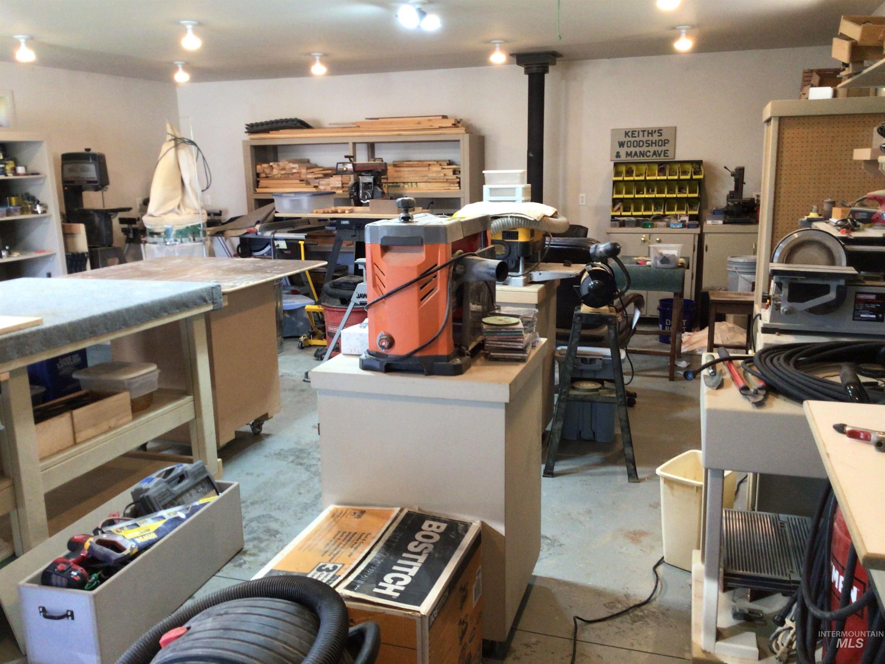 Basement featuring a workshop area