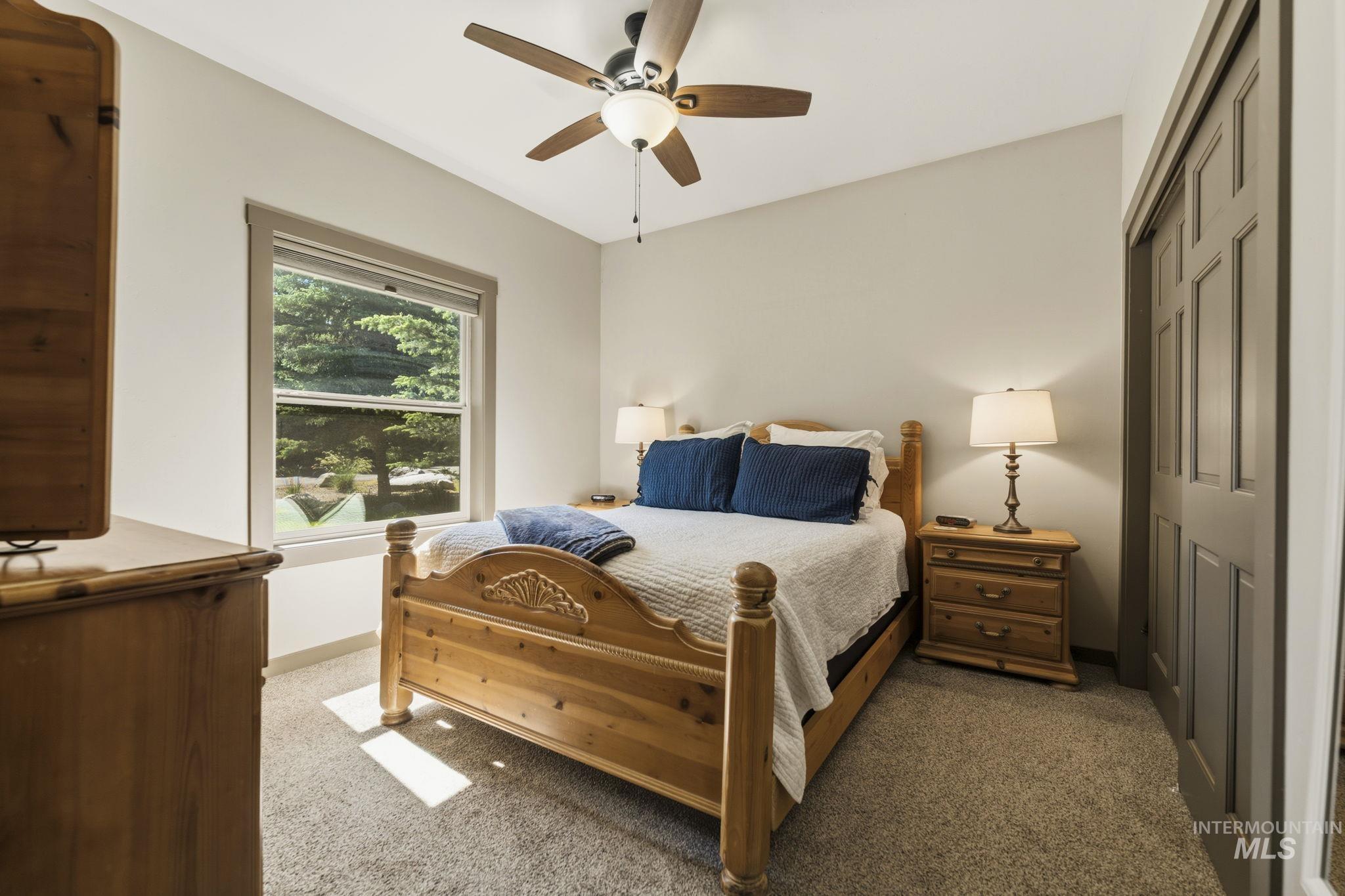 Carpeted bedroom featuring a double-hung window, paneled bi-fold closet door, and a ceiling fan with integrated lighting