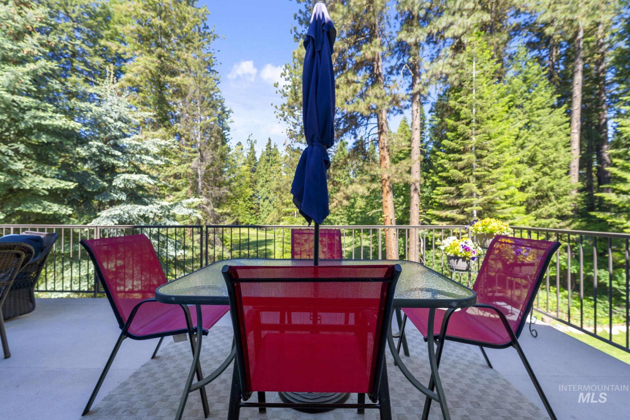 Expansive deck with black metal railing and concrete flooring