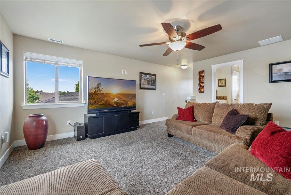 Living room featuring ceiling fan and carpet