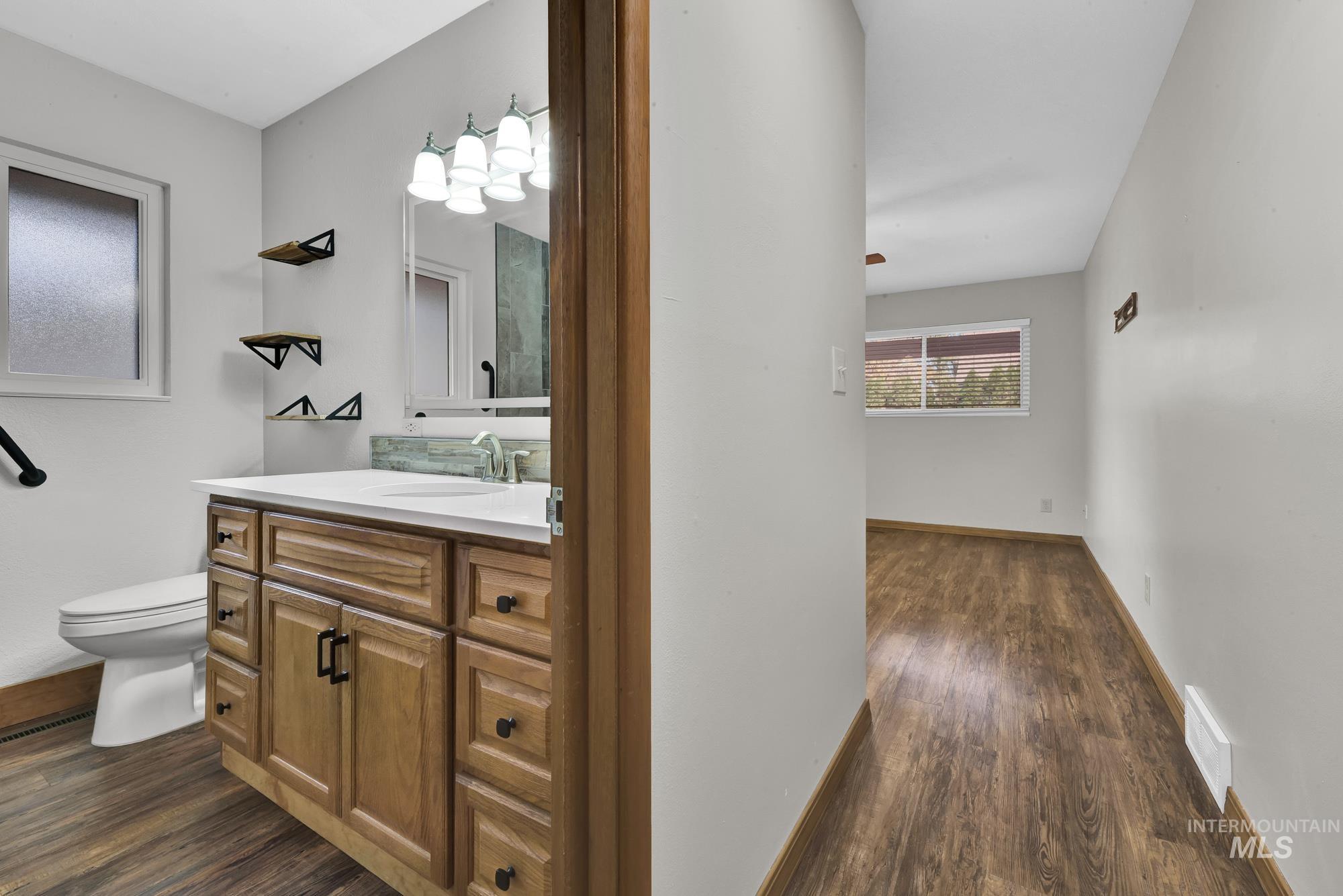 Bathroom with dark wood-style flooring and vanity