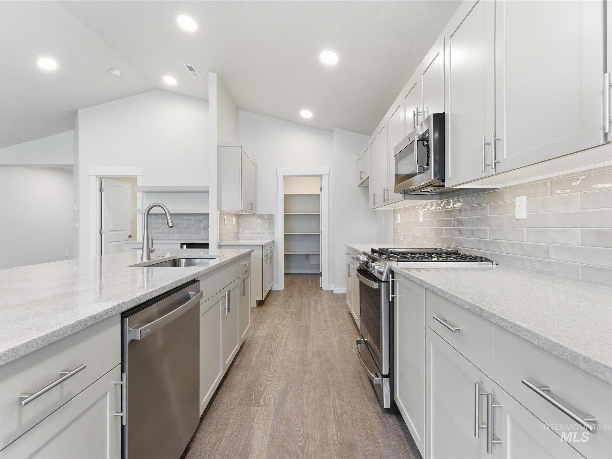 Kitchen featuring wood-finish flooring, light cabinetry, stainless steel appliances, and a built-in pantry with shelving