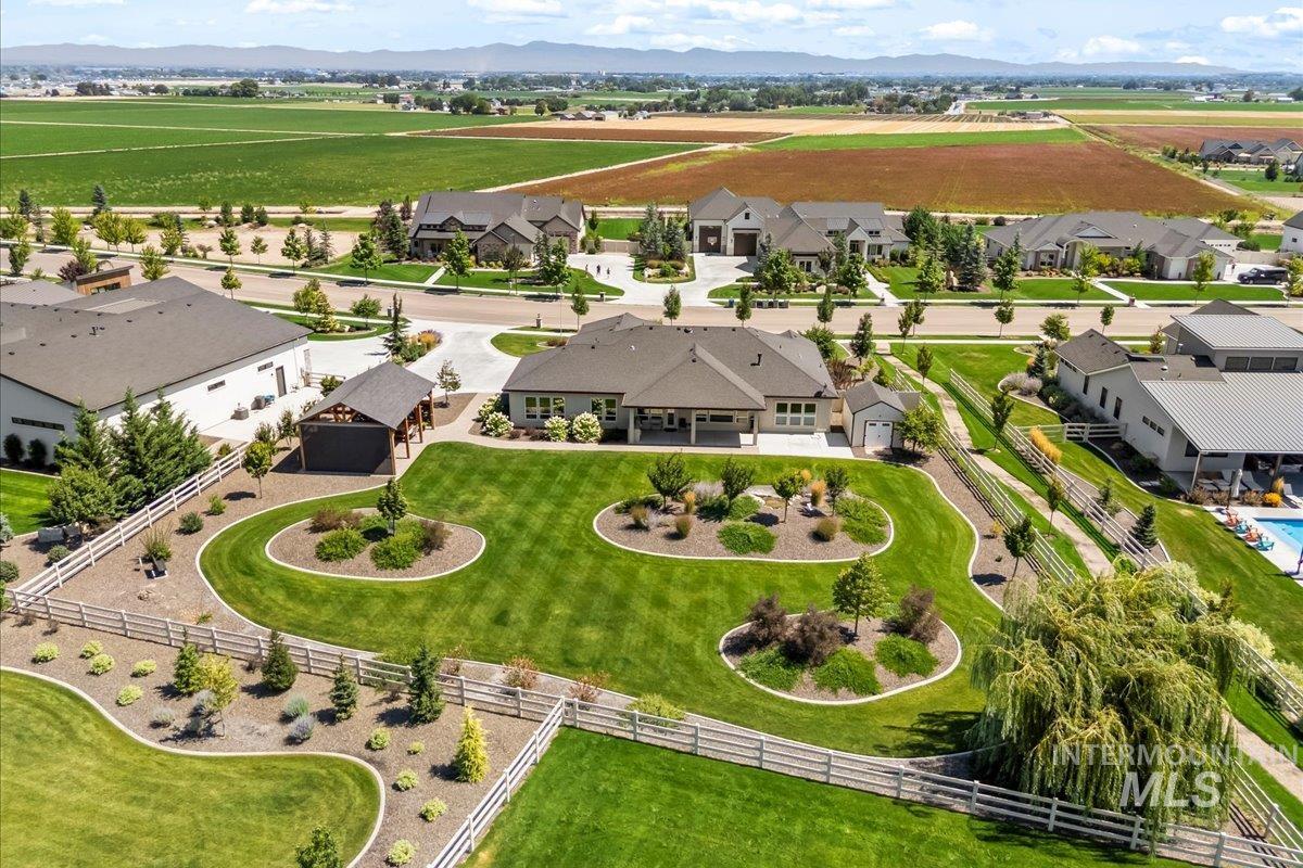 Aerial view of residential area with a mountain backdrop