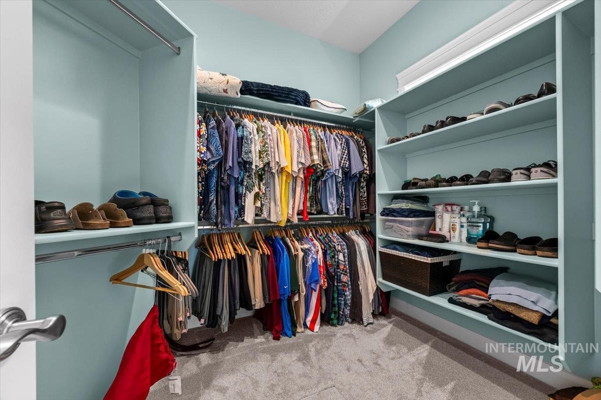 Walk in closet with light carpet