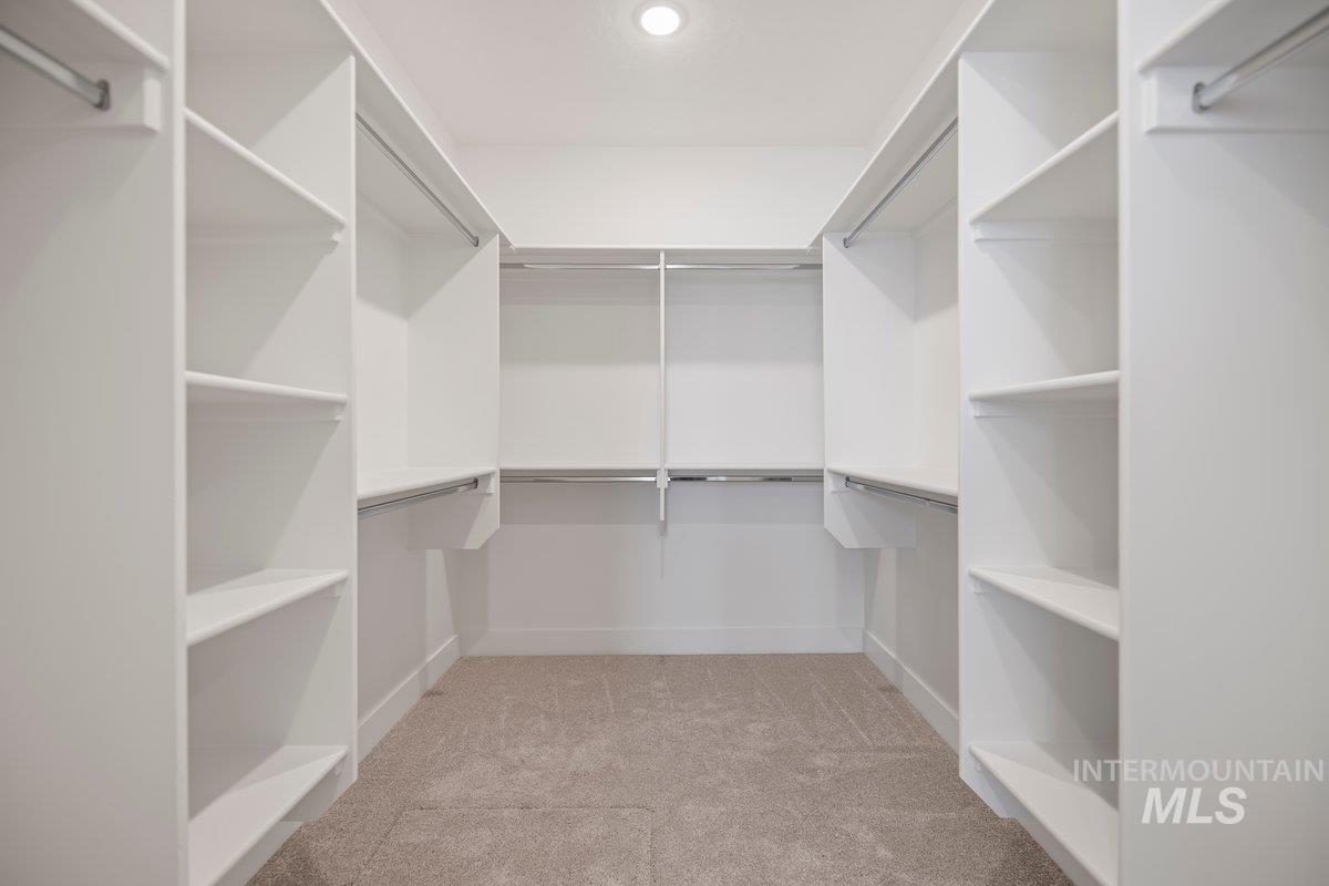 Walk in closet featuring light colored carpet