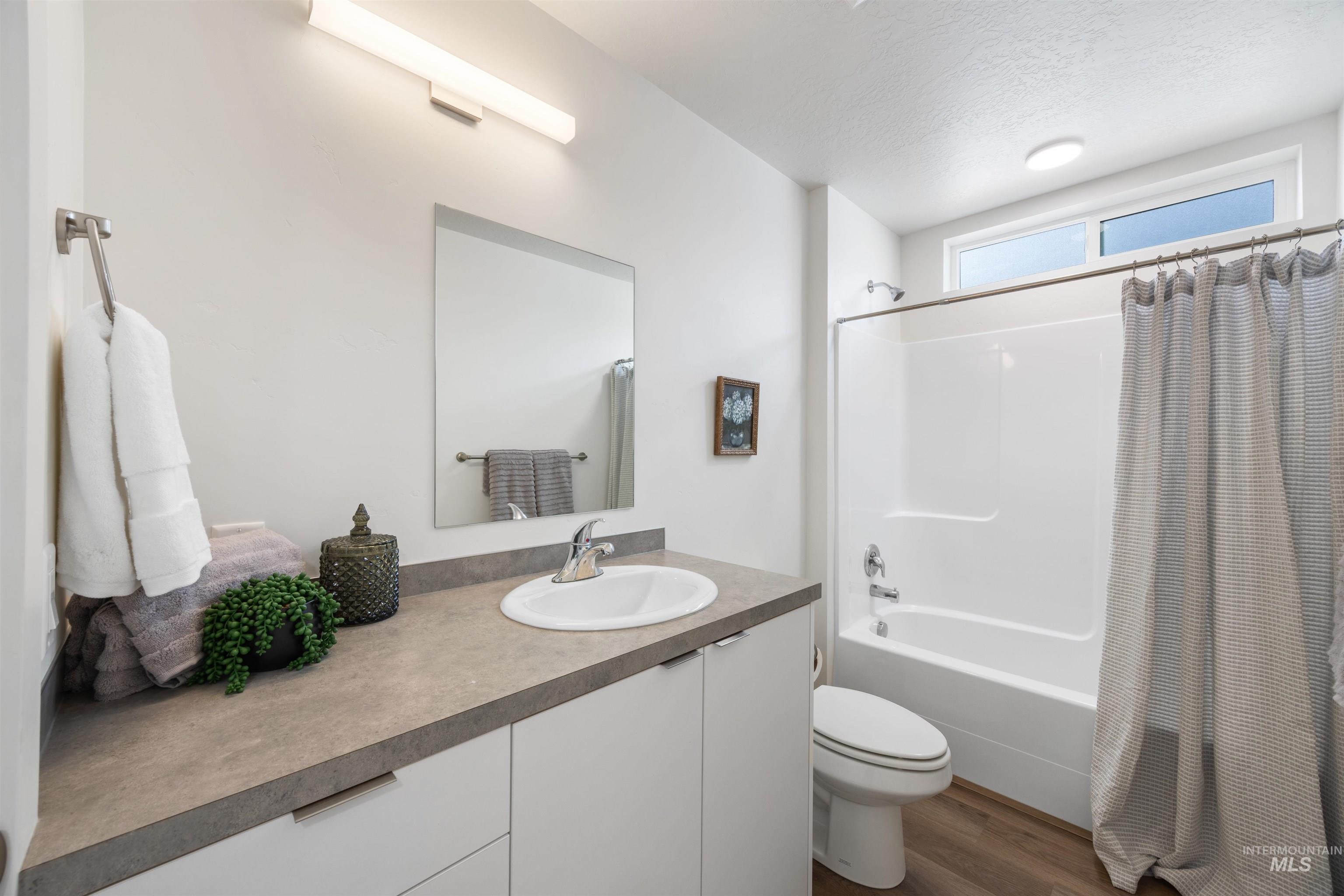 Bathroom featuring a white vanity with flat-panel cabinetry and a gray countertop