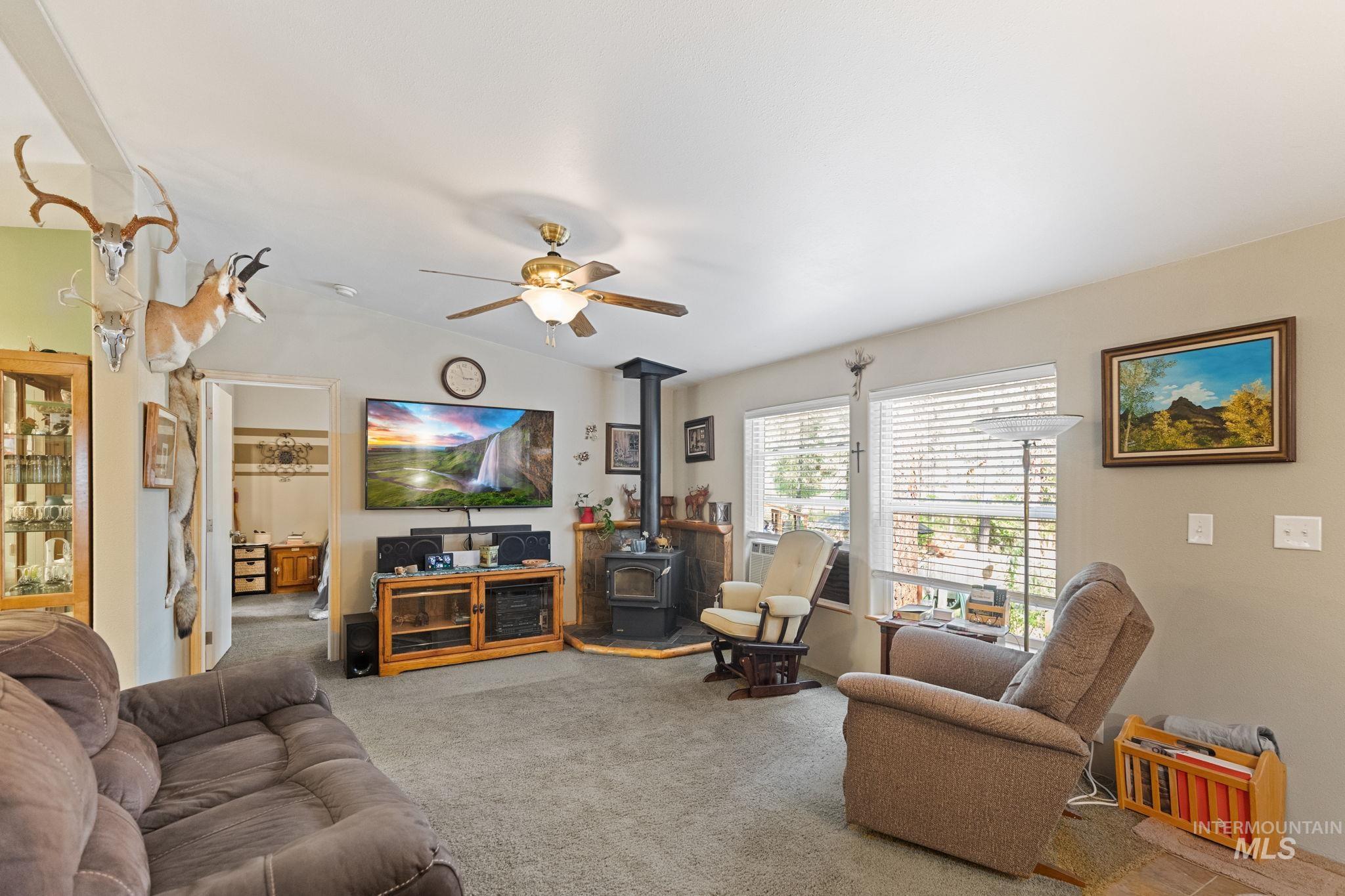 Living area featuring a wood stove, carpet flooring, and a ceiling fan