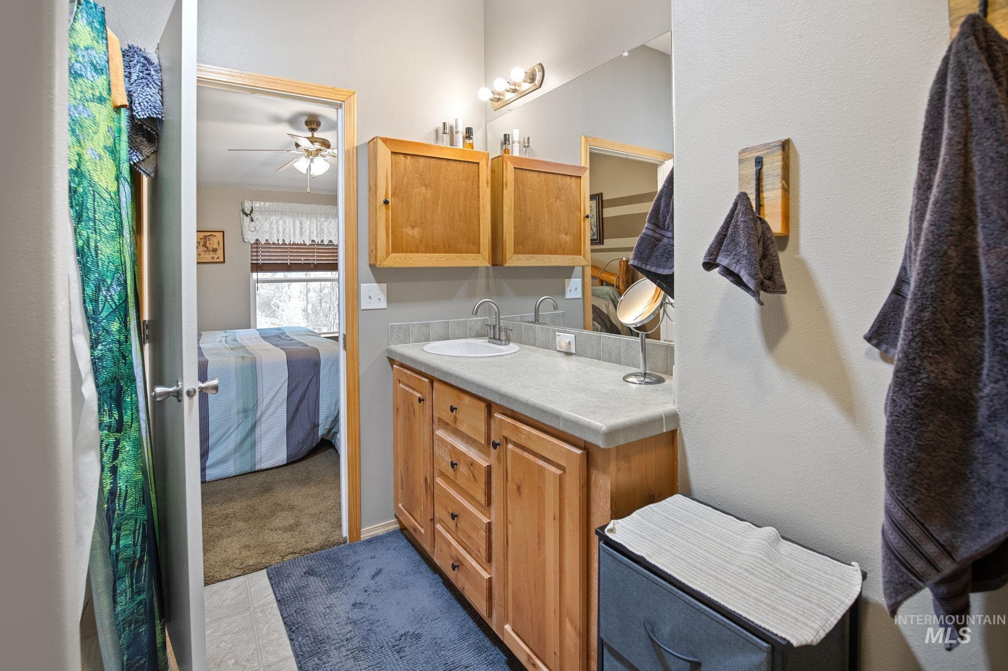 Ensuite bathroom with vanity and ceiling fan