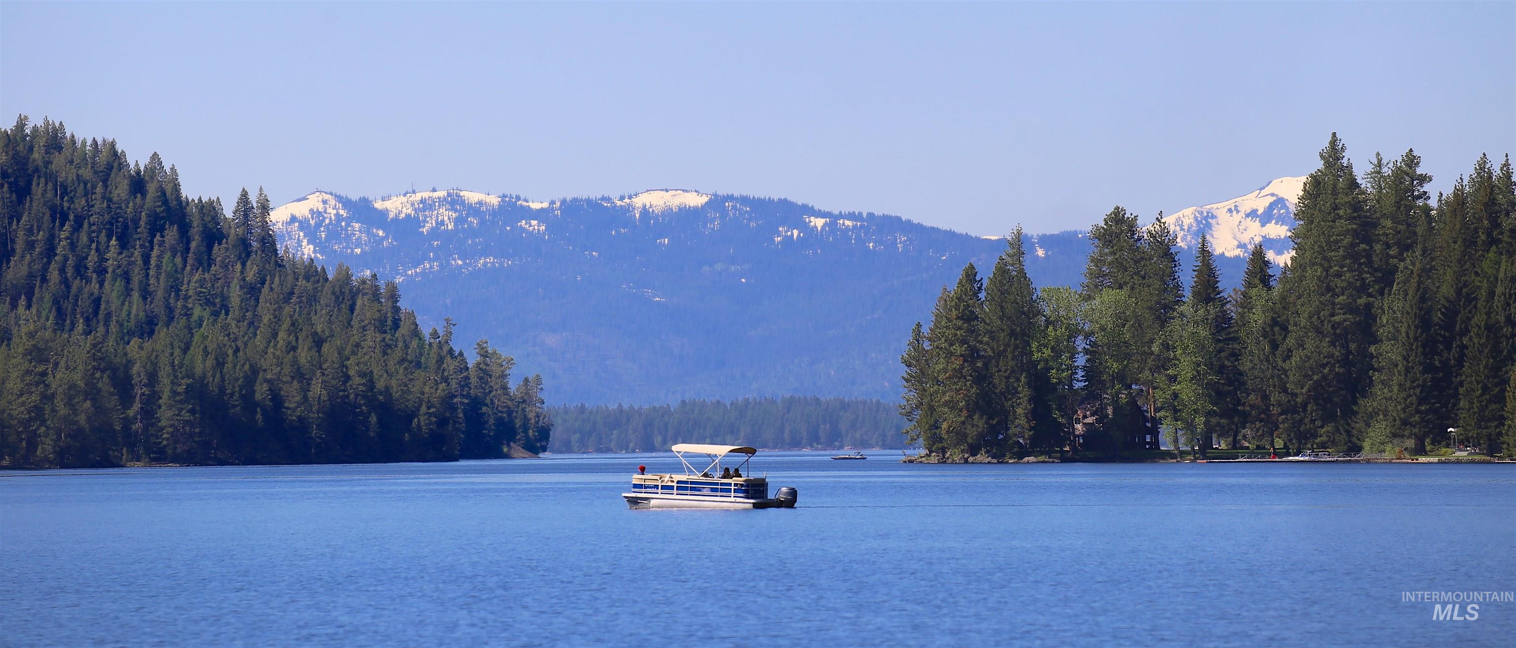 Water view with a heavily wooded area and a mountain backdrop