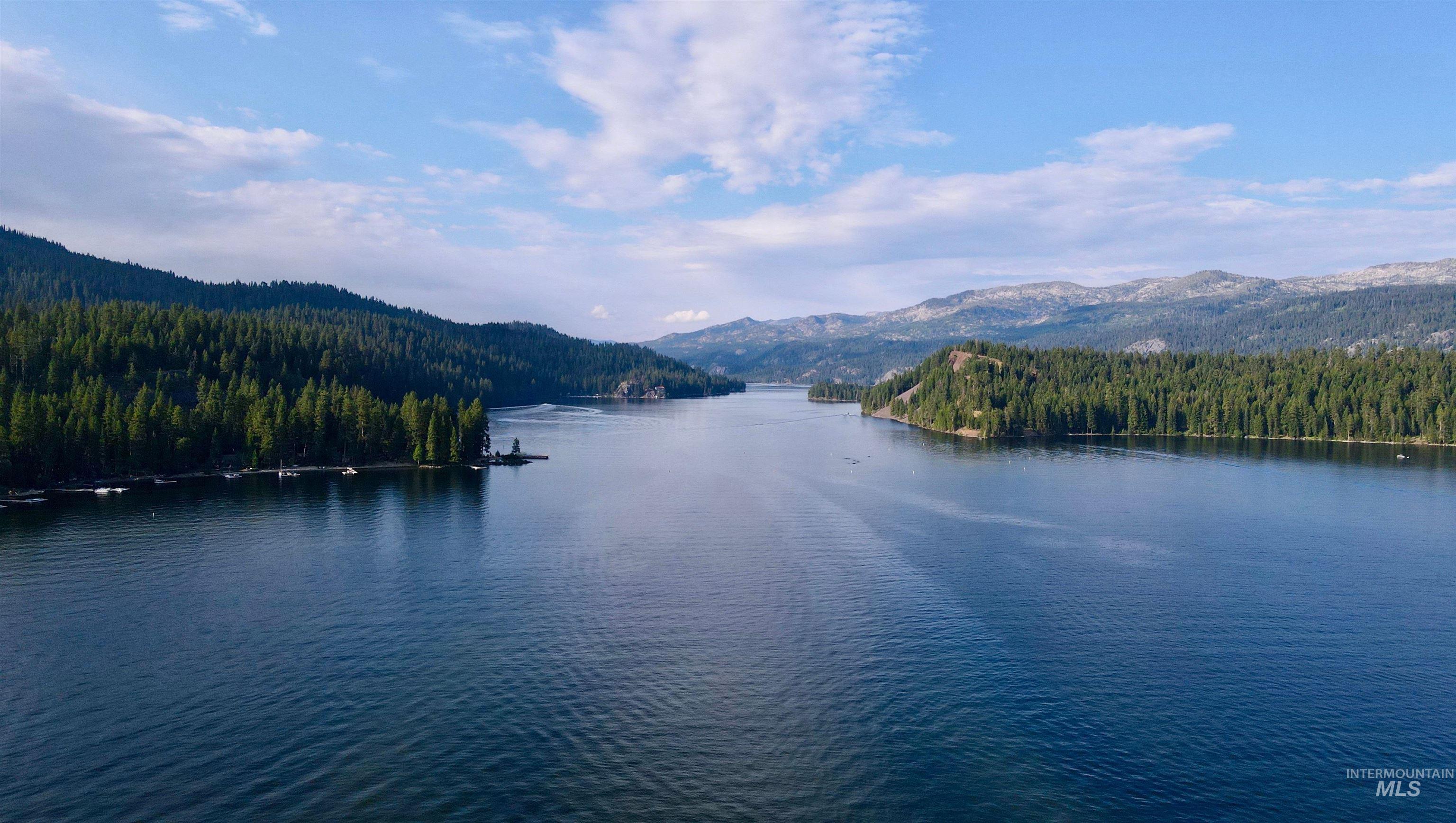 Water view with a heavily wooded area and a mountainous background