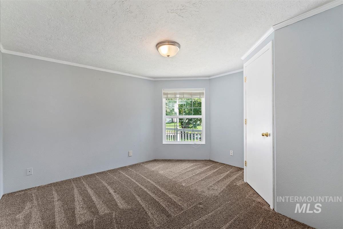 Empty room with carpet, a textured ceiling, and crown molding