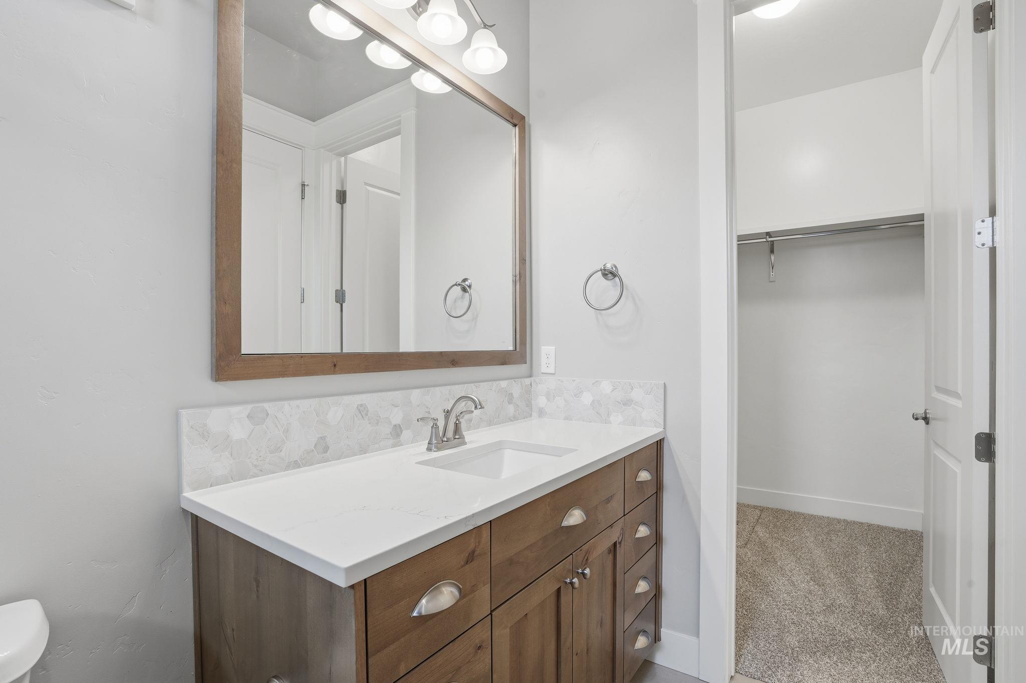 Half bath with vanity, light carpet, and a walk in closet