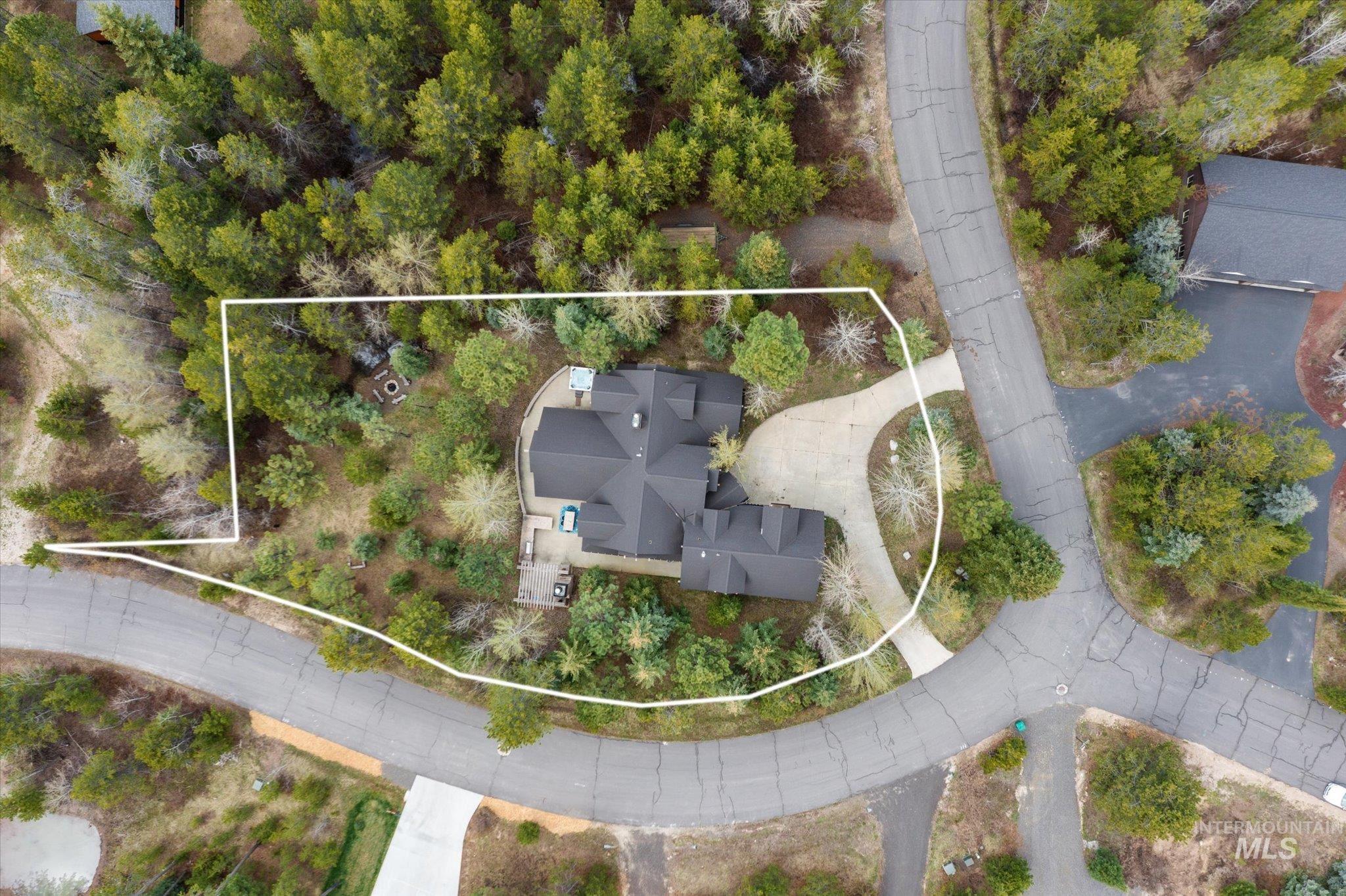 Aerial perspective showcasing a property bordered by mature trees and verdant foliage